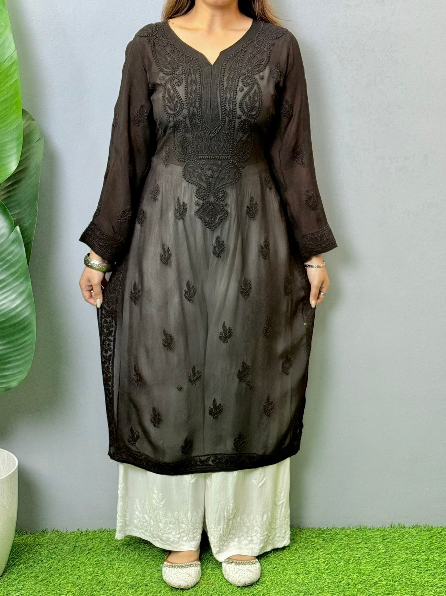 Black viscose Lucknowi Chikankari transy kurta with intricate hand embroidery