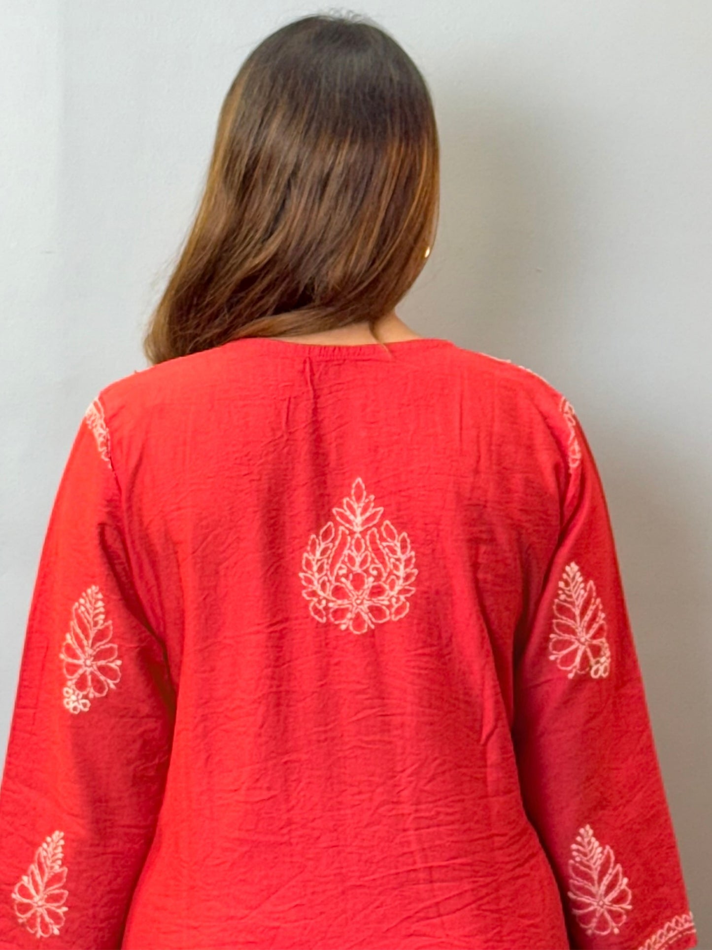 Red chanderi chikankari kurta with bakhiya hand embroidery