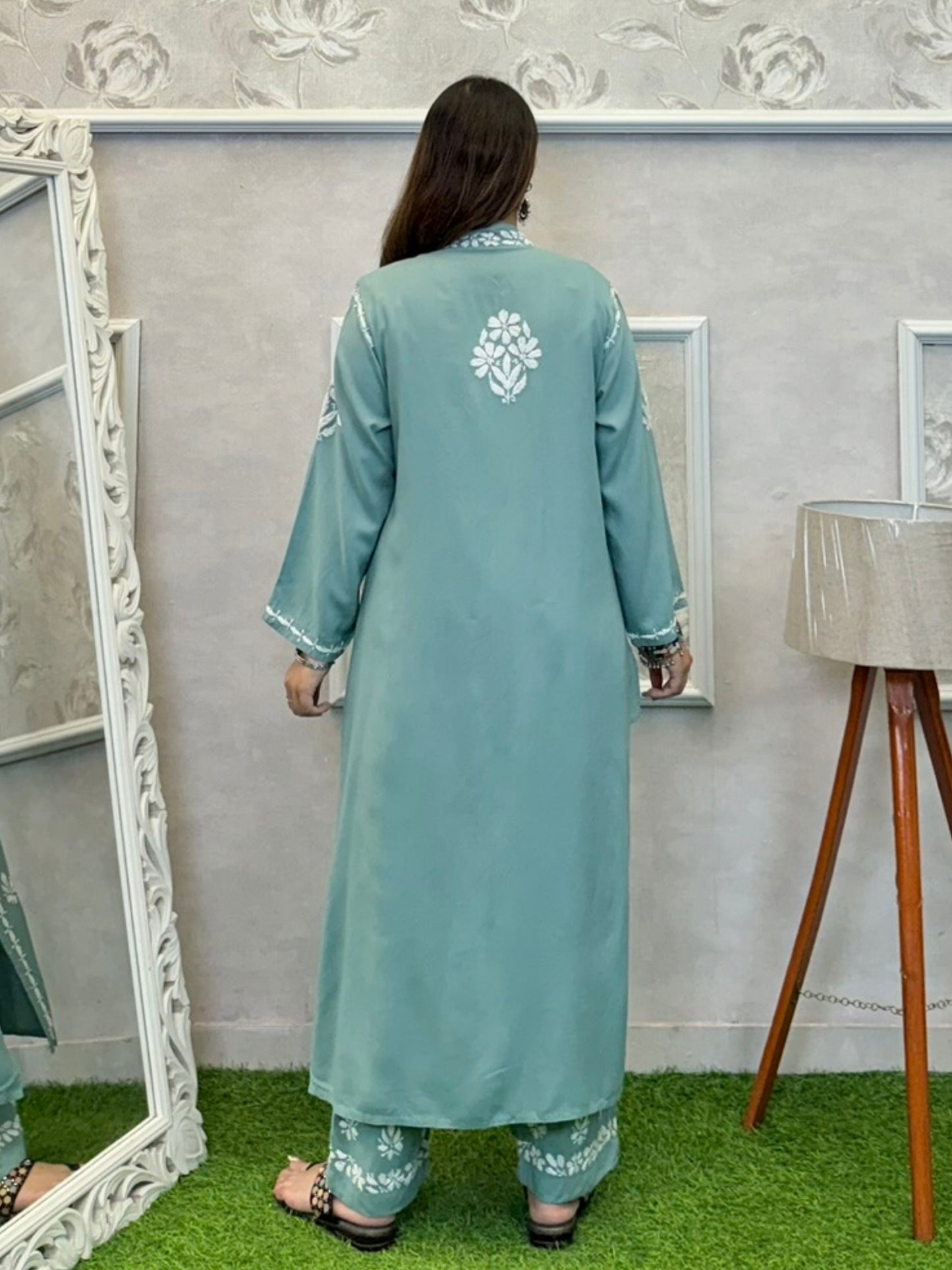 Dusty teal Lucknowi Chikankari rayon 3-piece set with sleeveless kurta, embroidered shrug, and pants