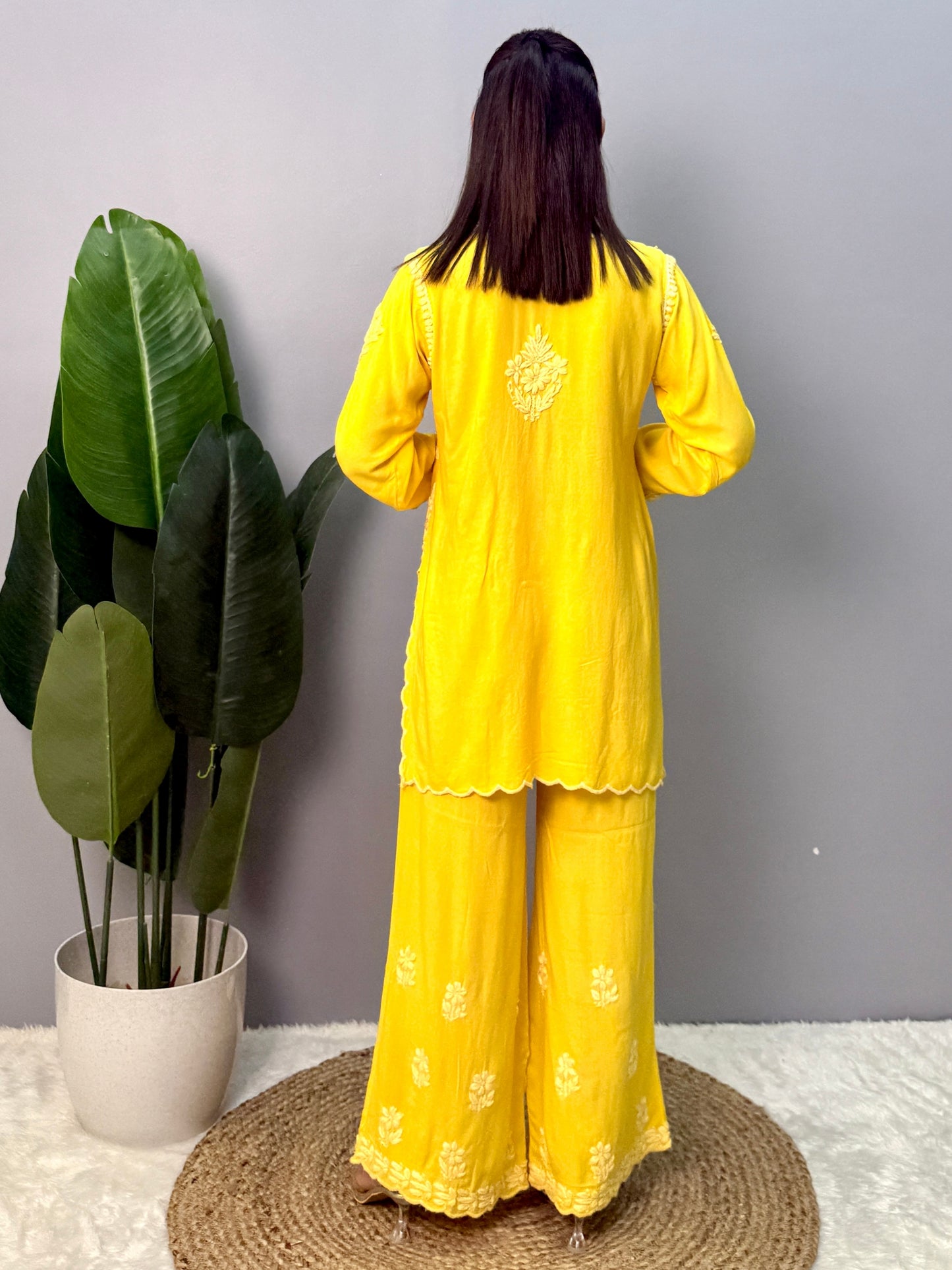 Yellow rayon chikankari short kurta with palazzo pant, hand embroidered Lucknowi suit set.