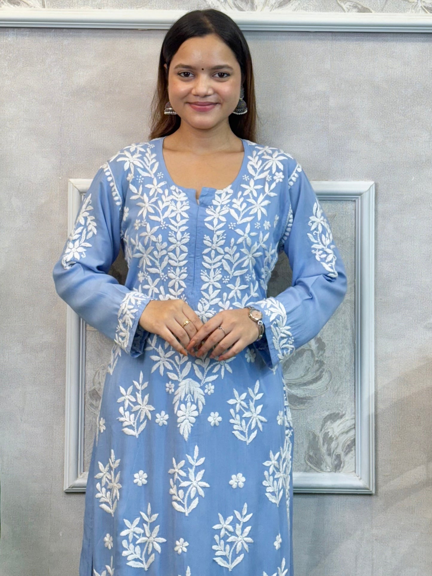 Sky Blue Lucknow Chikankari modal kurta with palazzo set, hand embroidered, soft and comfortable
