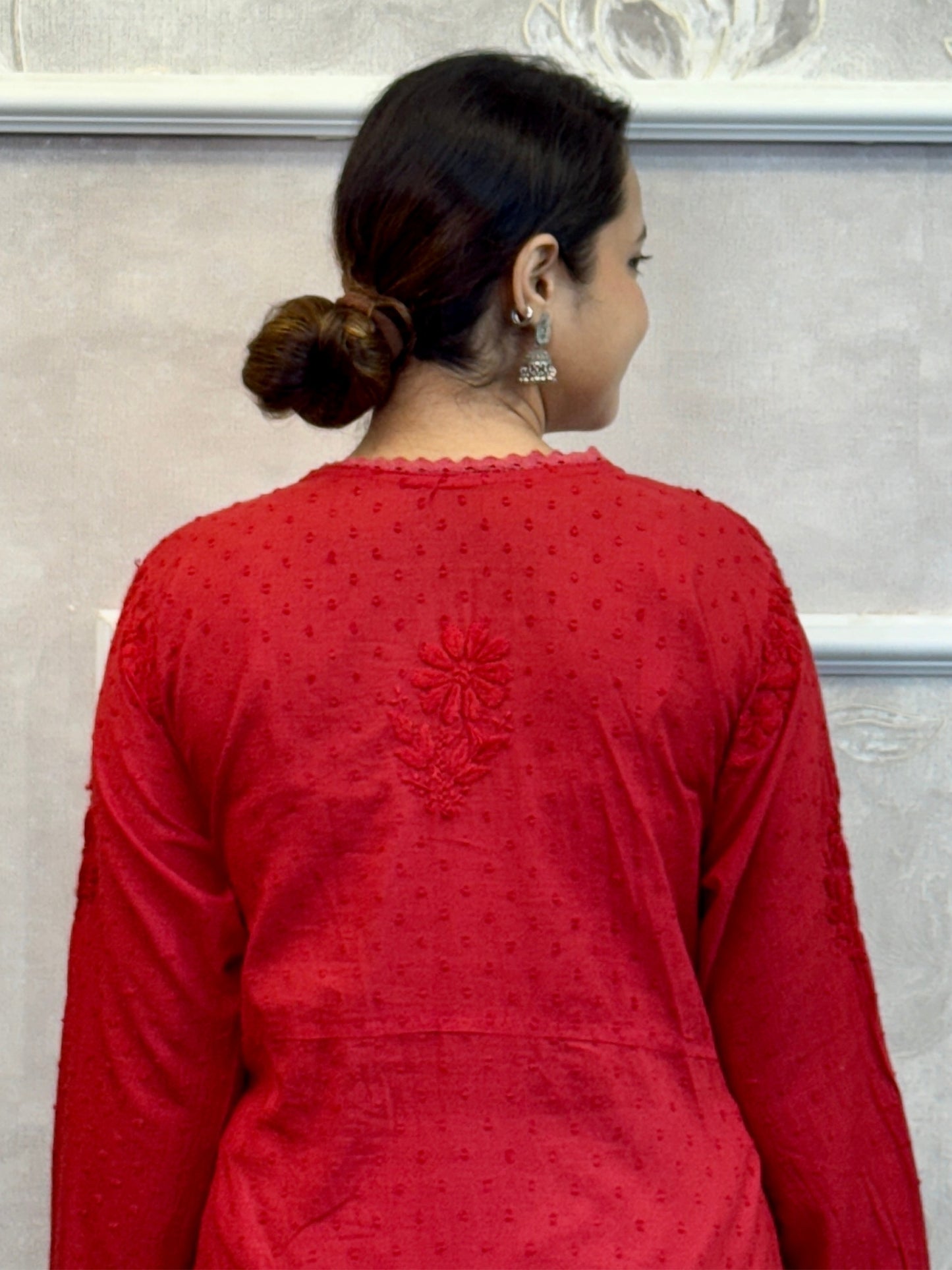 Red Lucknowi Chikankari Angrakha Kurta in dobby cotton with delicate hand embroidery – premium and comfortable.