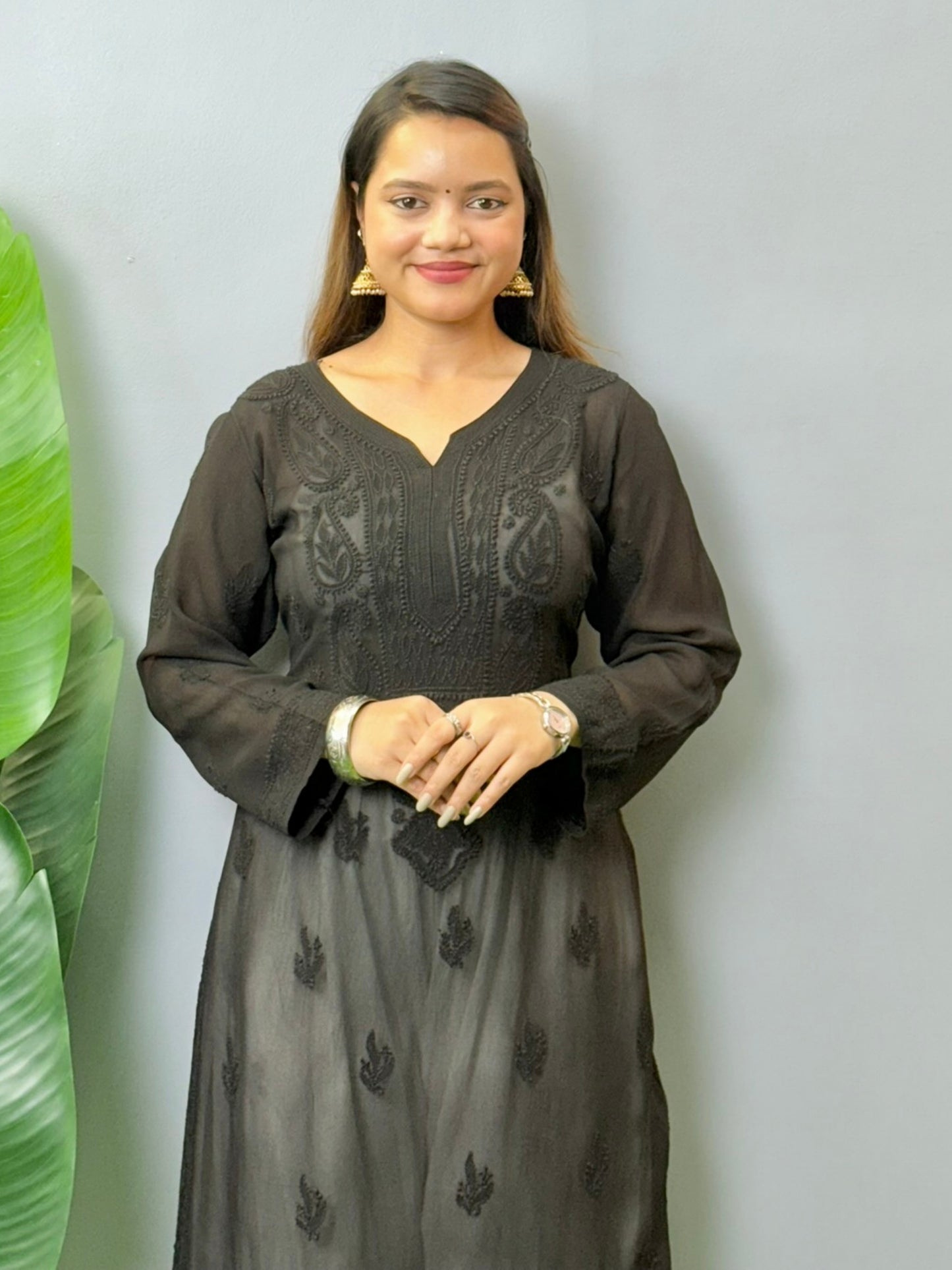 Black viscose Lucknowi Chikankari transy kurta with intricate hand embroidery