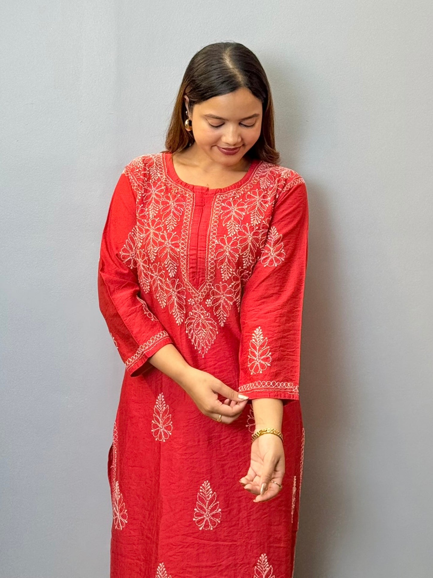 Red chanderi chikankari kurta with bakhiya hand embroidery