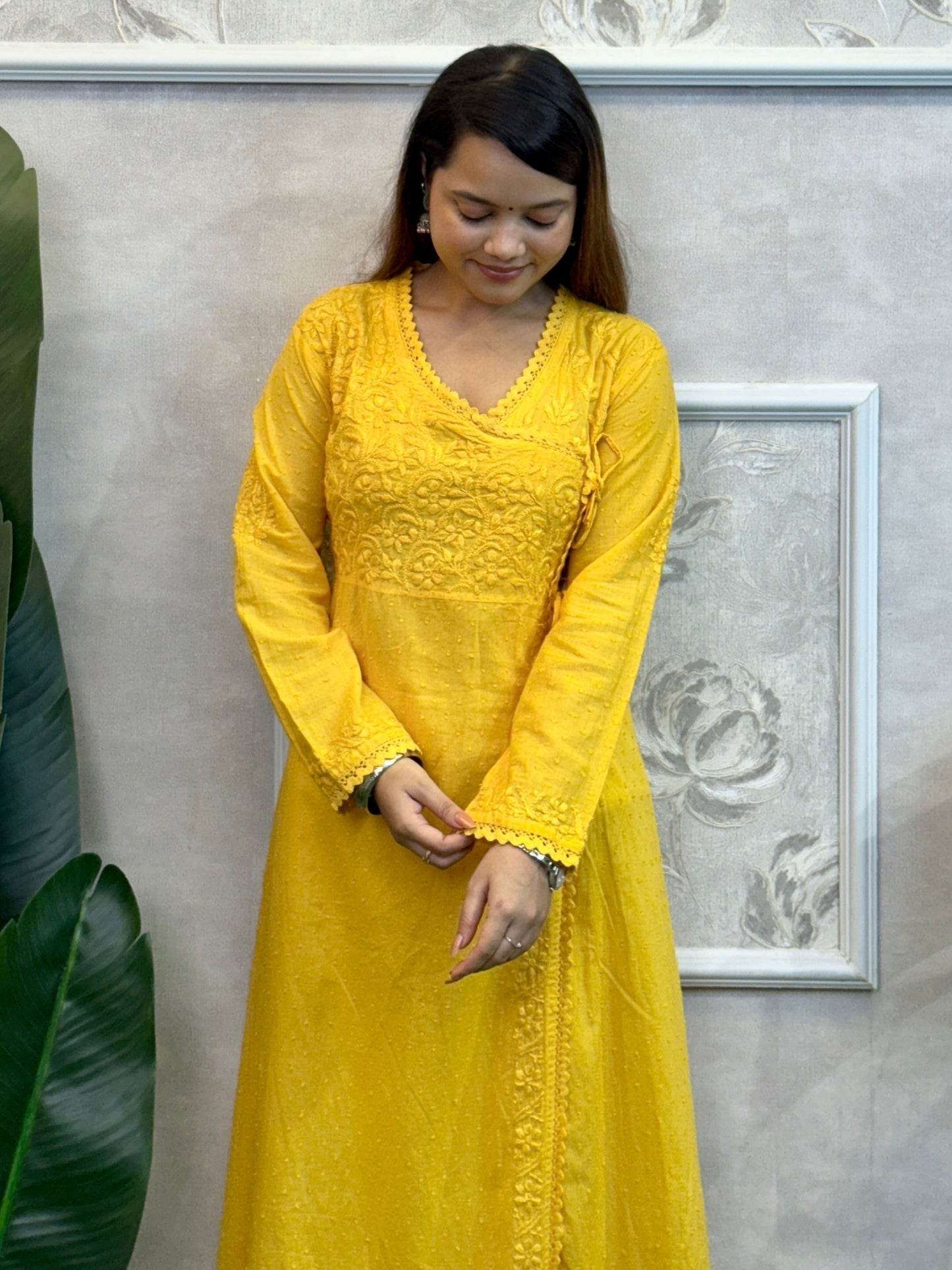 Yellow dobby cotton chikankari angrakha kurta with hand embroidery – RS Chikankari