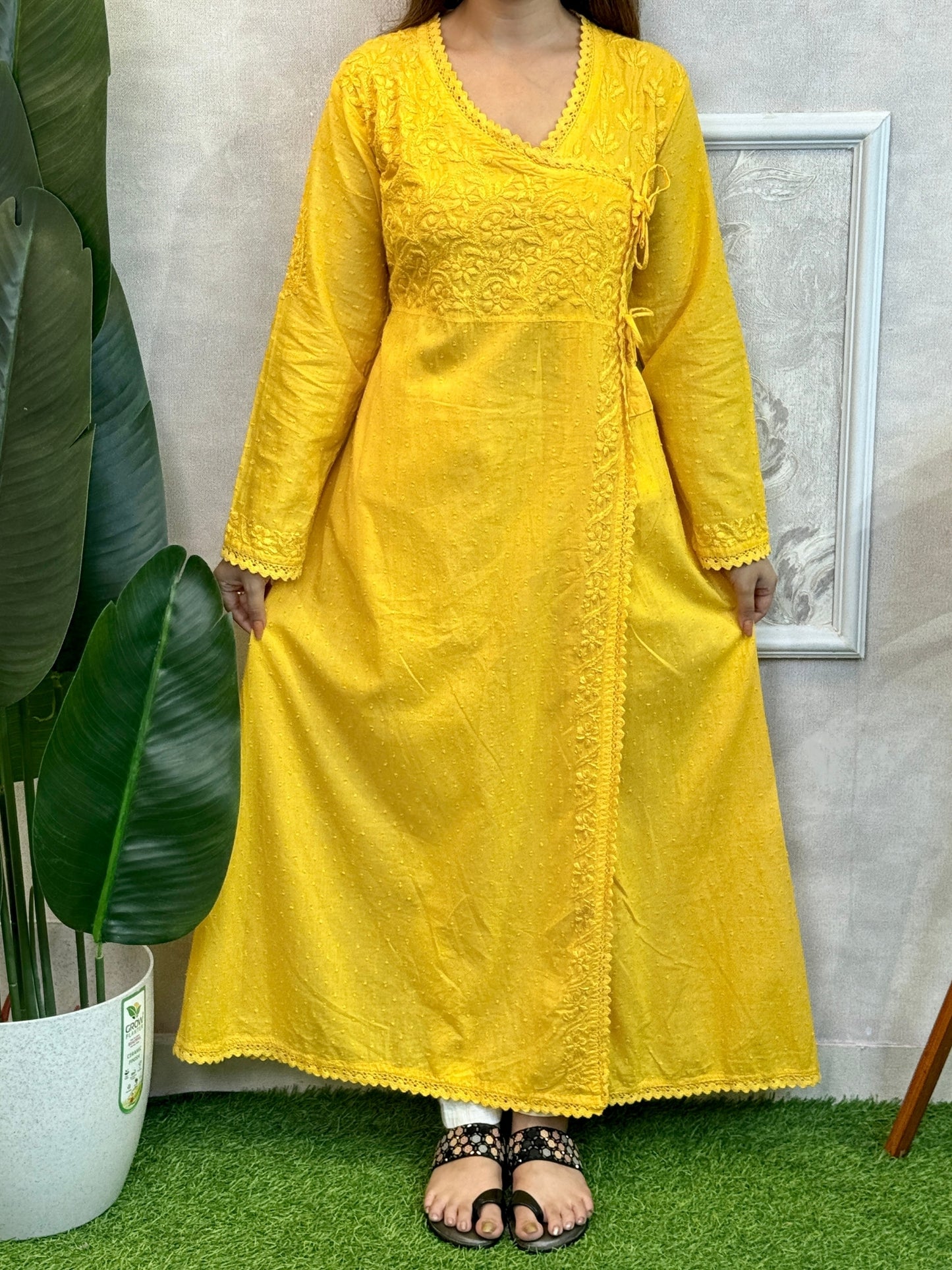 Yellow dobby cotton chikankari angrakha kurta with hand embroidery – RS Chikankari