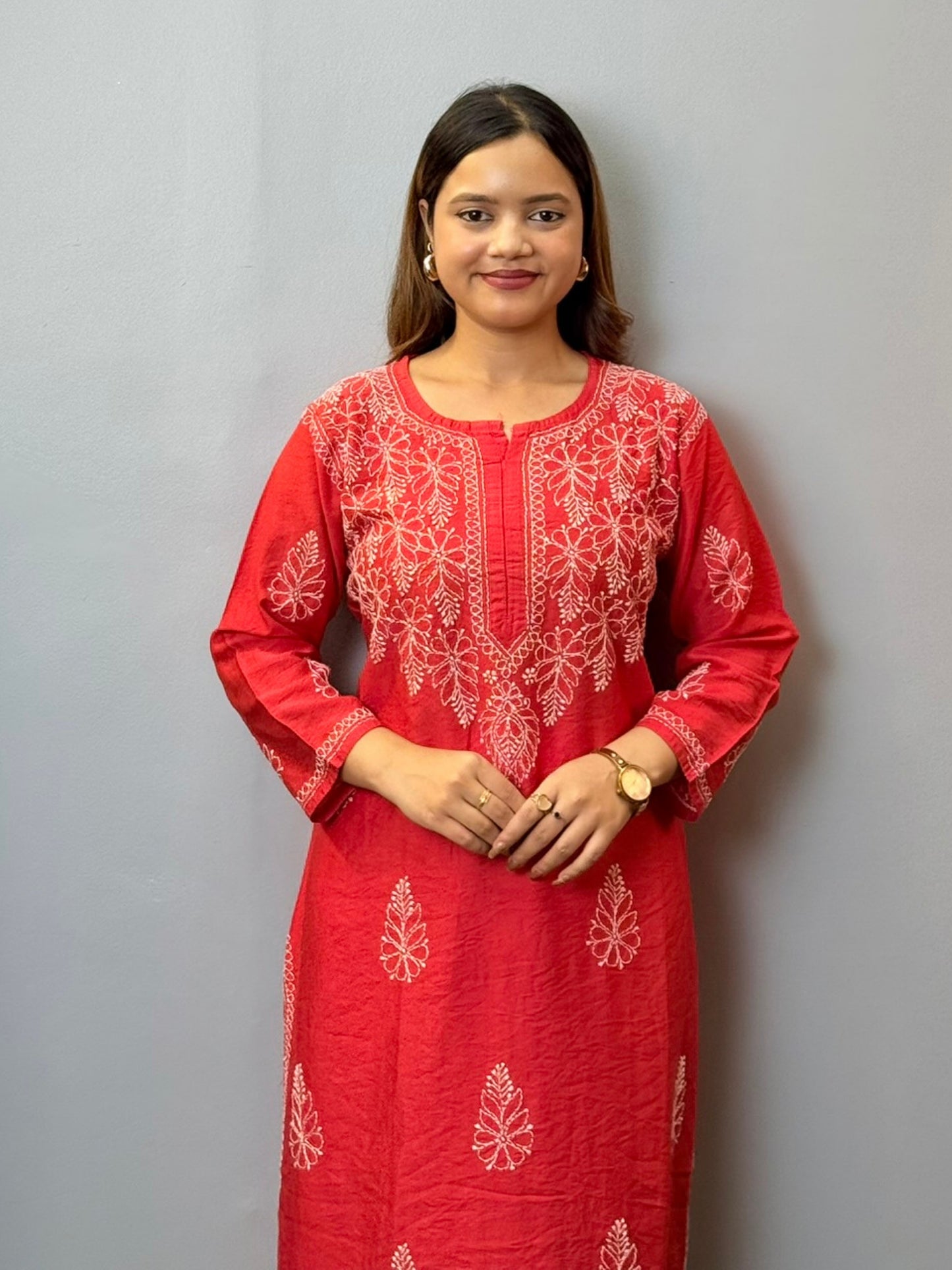 Red chanderi chikankari kurta with bakhiya hand embroidery