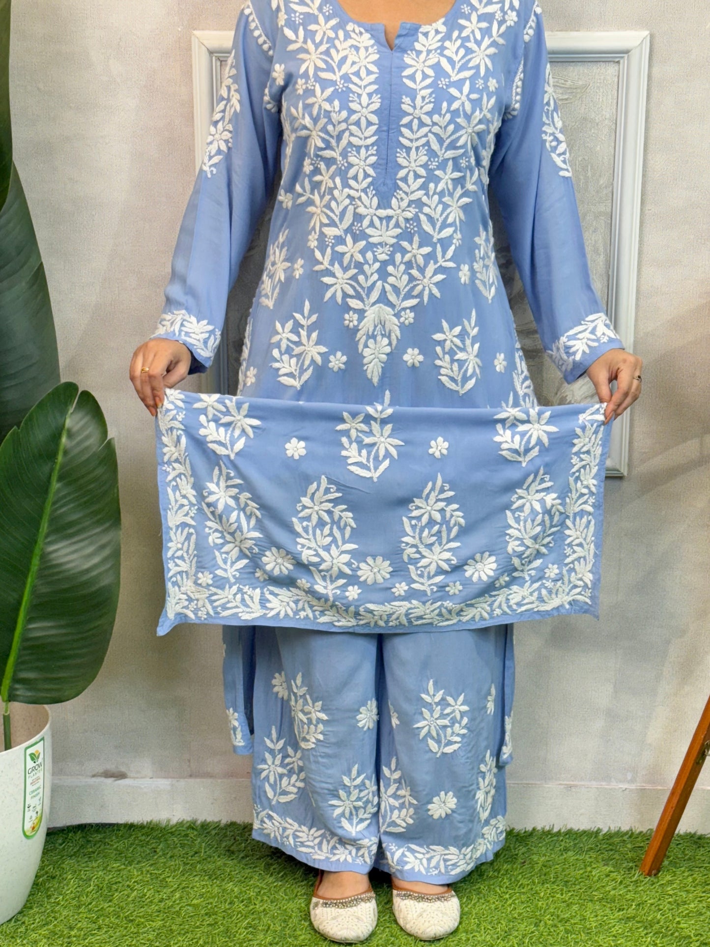Sky Blue Lucknow Chikankari modal kurta with palazzo set, hand embroidered, soft and comfortable