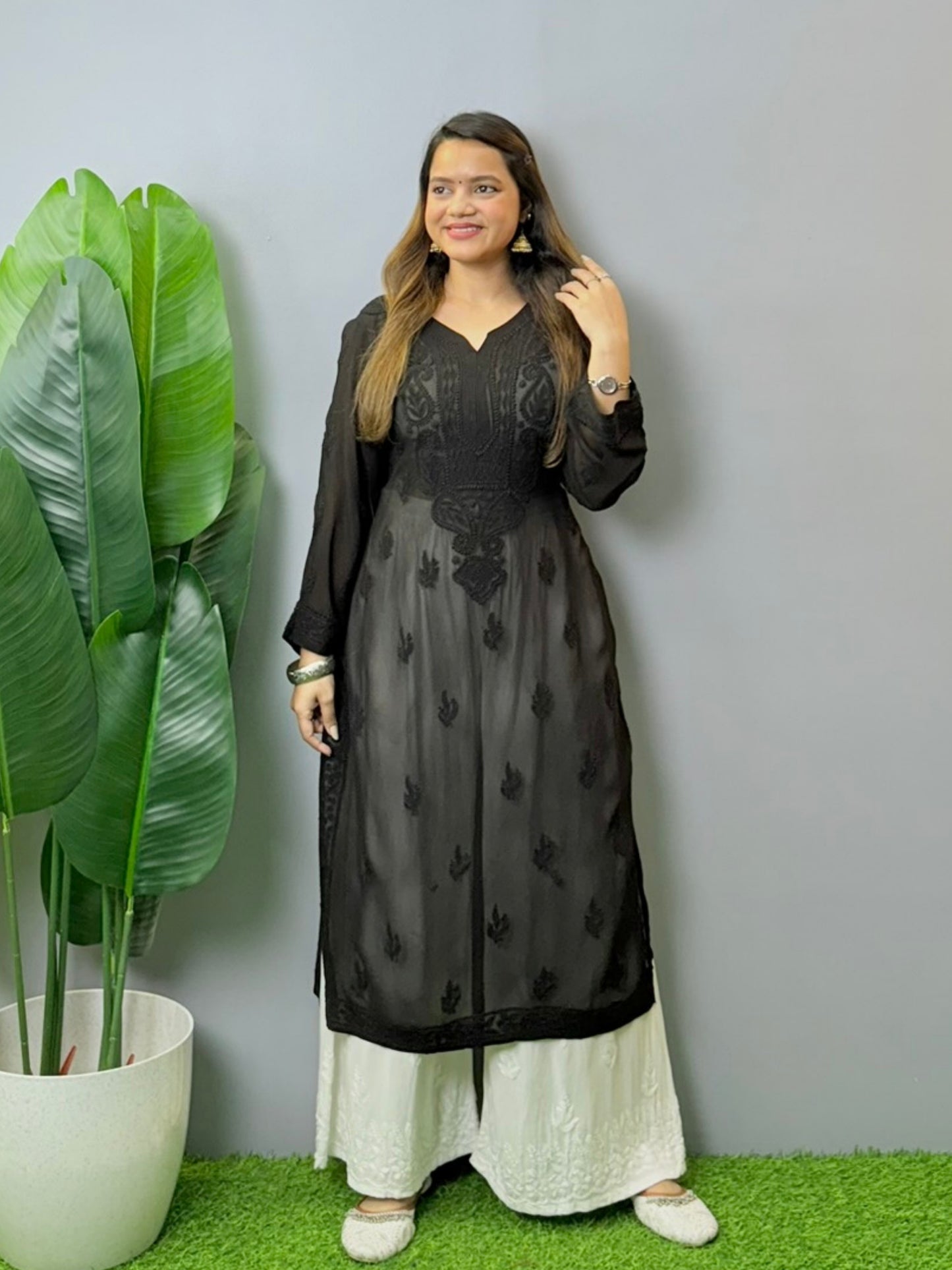 Black viscose Lucknowi Chikankari transy kurta with intricate hand embroidery