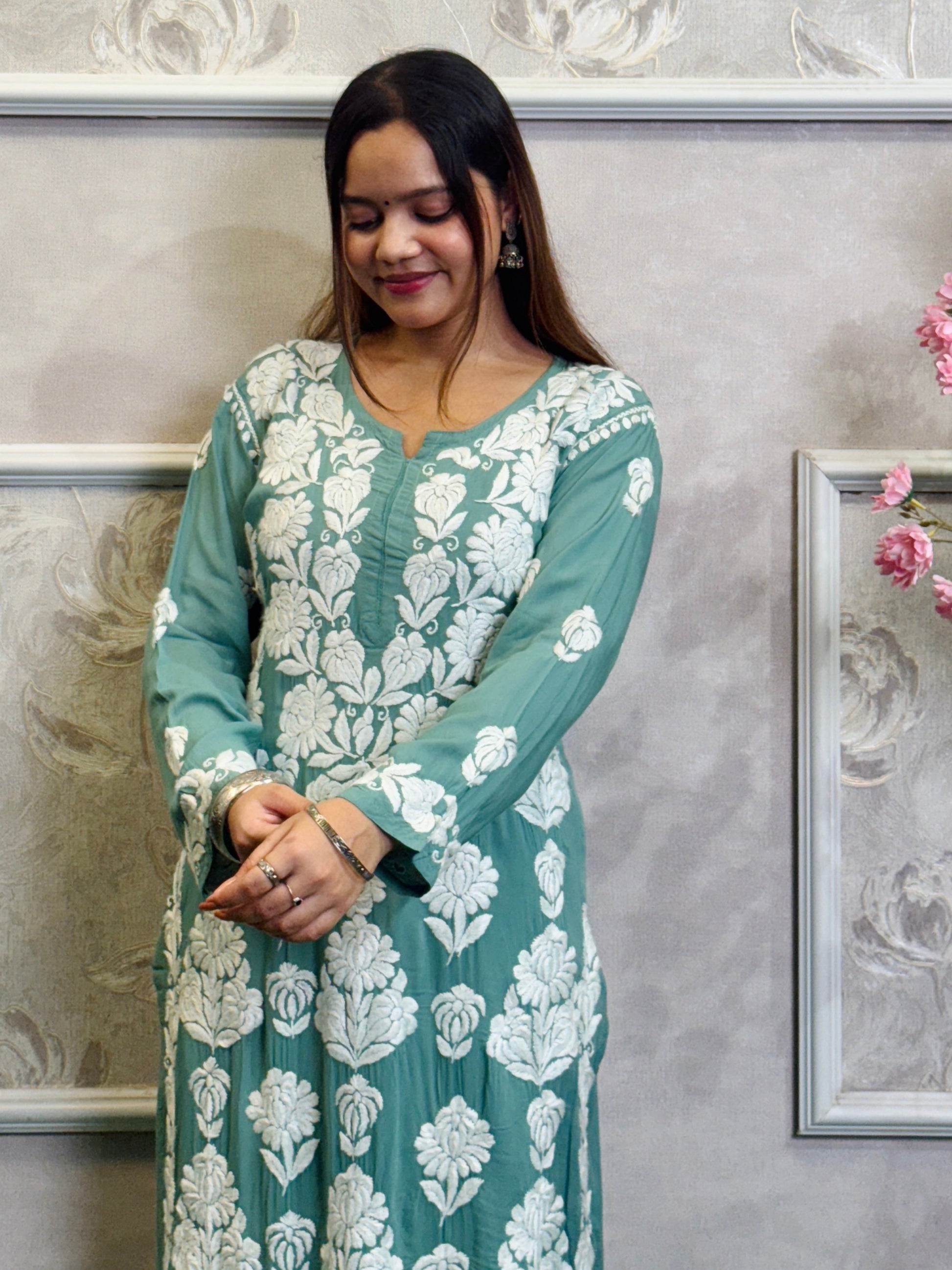 Sea Green Lucknow Chikankari modal kurta with white hand embroidery – RS Chikankari