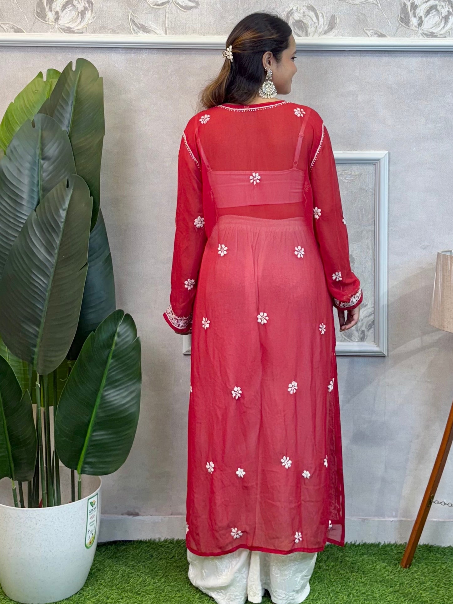Red georgette Lucknow Chikankari kurta with hand embroidery, casual wear