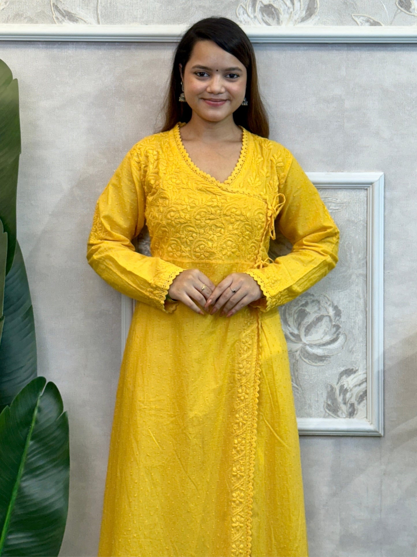 Yellow dobby cotton chikankari angrakha kurta with hand embroidery – RS Chikankari