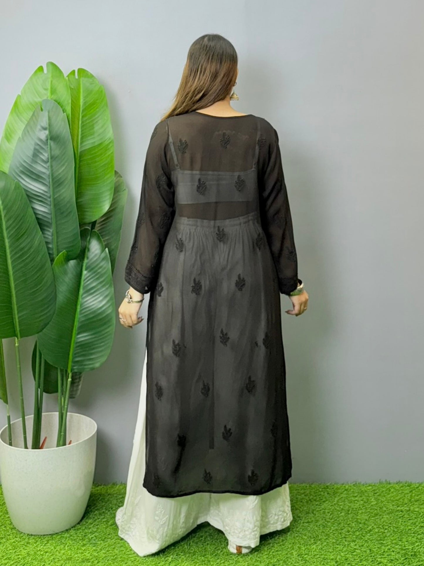 Black viscose Lucknowi Chikankari transy kurta with intricate hand embroidery