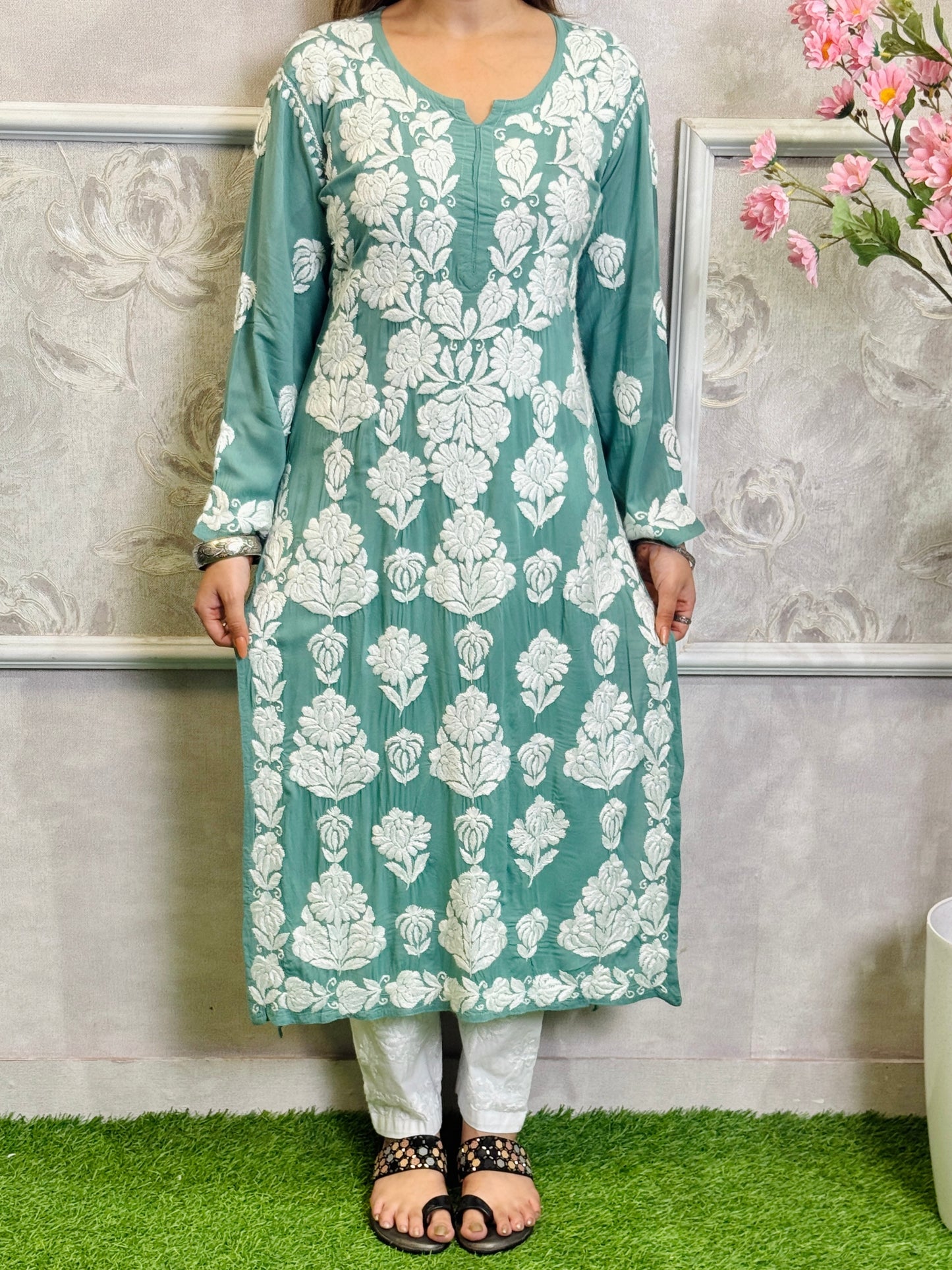 Sea Green Lucknow Chikankari modal kurta with white hand embroidery – RS Chikankari