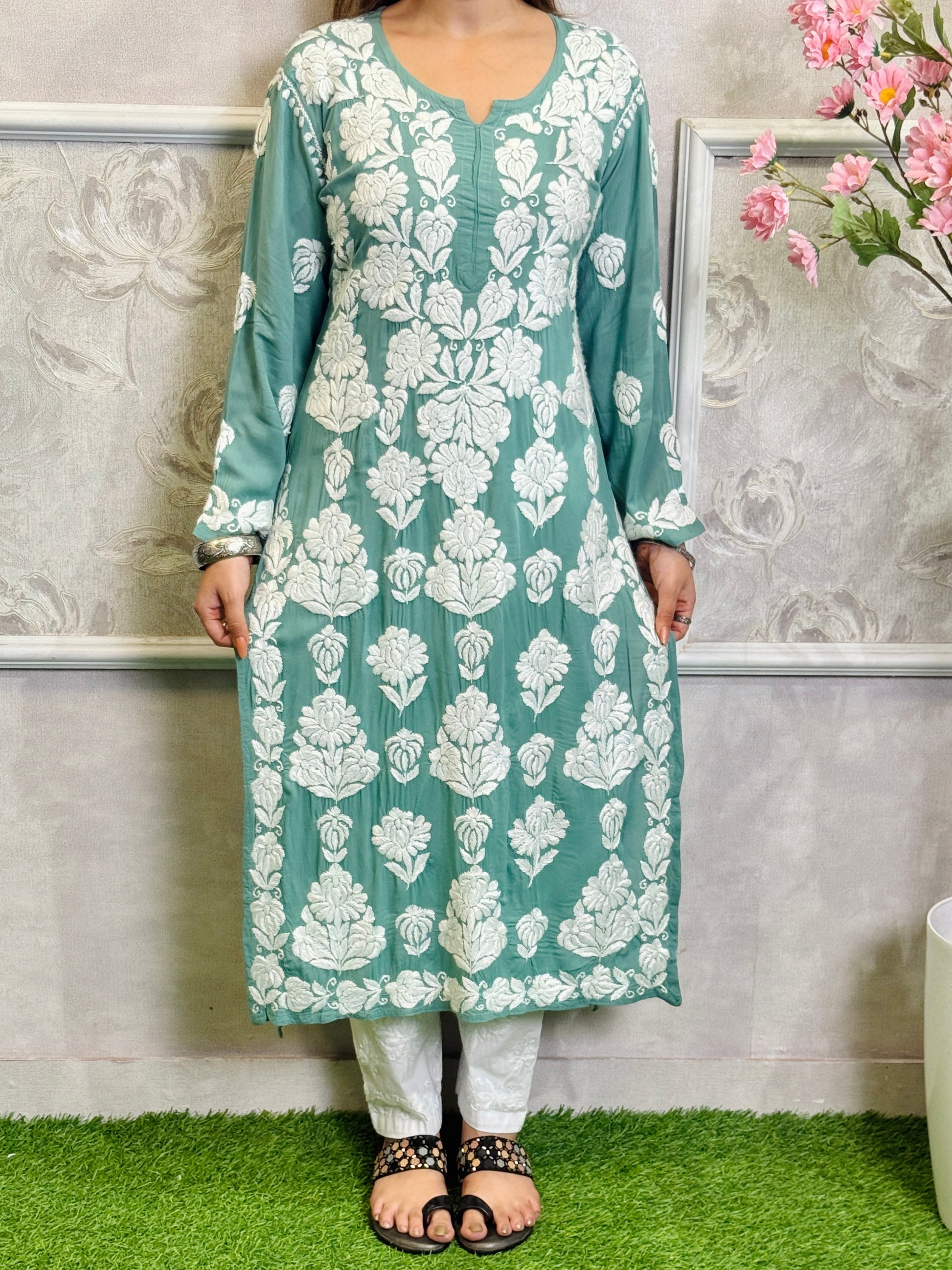Sea Green Lucknow Chikankari modal kurta with white hand embroidery – RS Chikankari