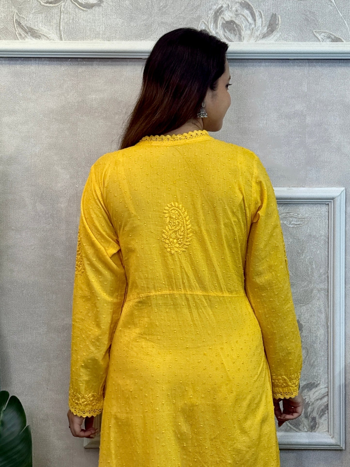 Yellow dobby cotton chikankari angrakha kurta with hand embroidery – RS Chikankari