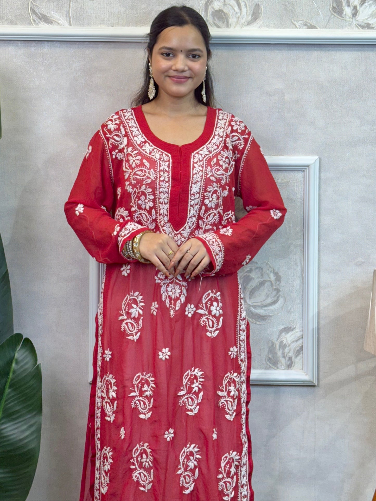 Red georgette Lucknow Chikankari kurta with hand embroidery, casual wear