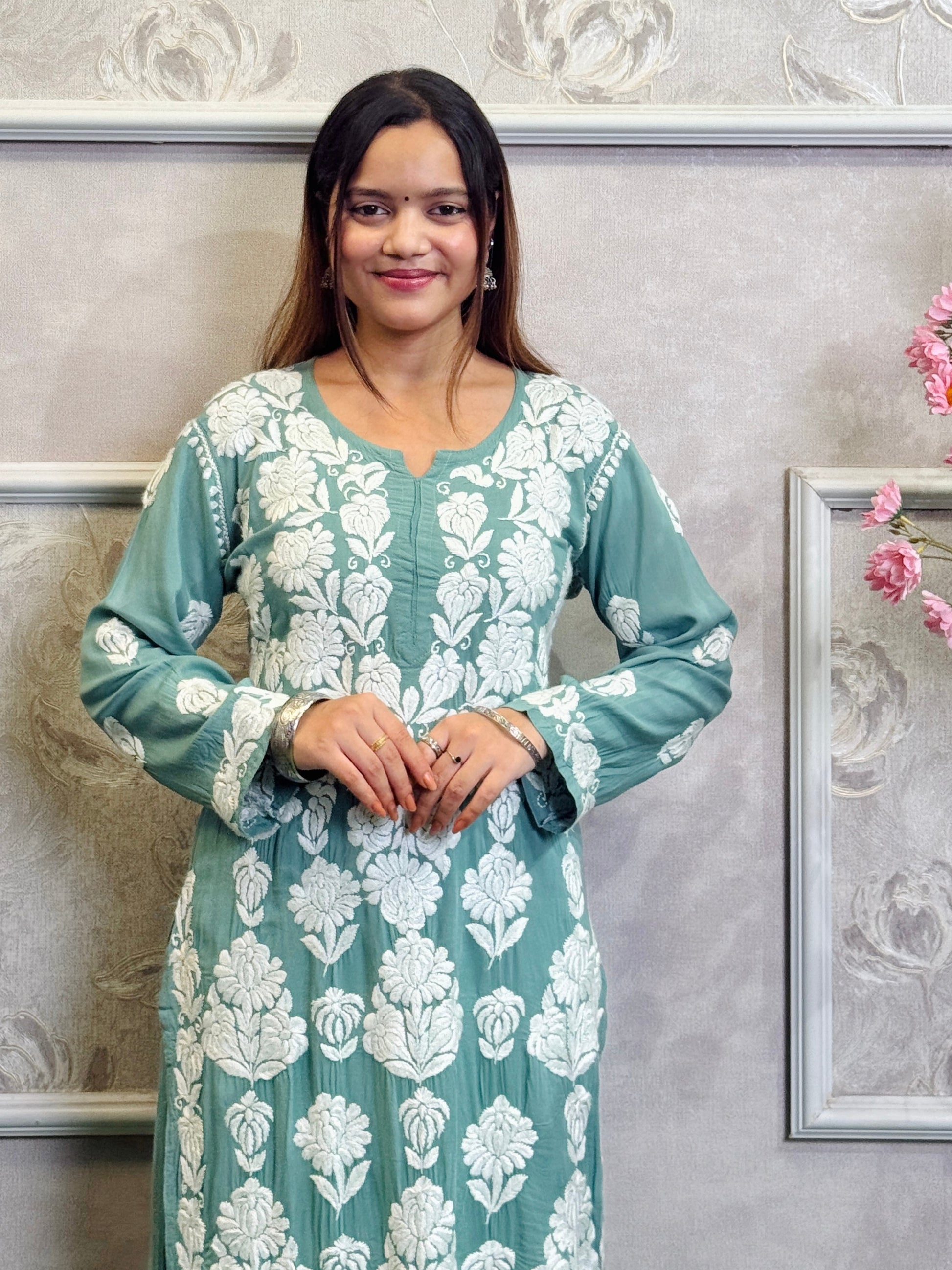 Sea Green Lucknow Chikankari modal kurta with white hand embroidery – RS Chikankari