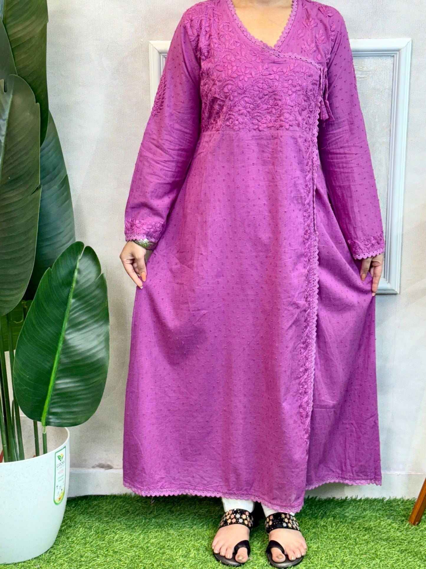 Lavender Dobby Cotton Lucknow Chikankari Angrakha Kurta with hand embroidery – soft and comfortable