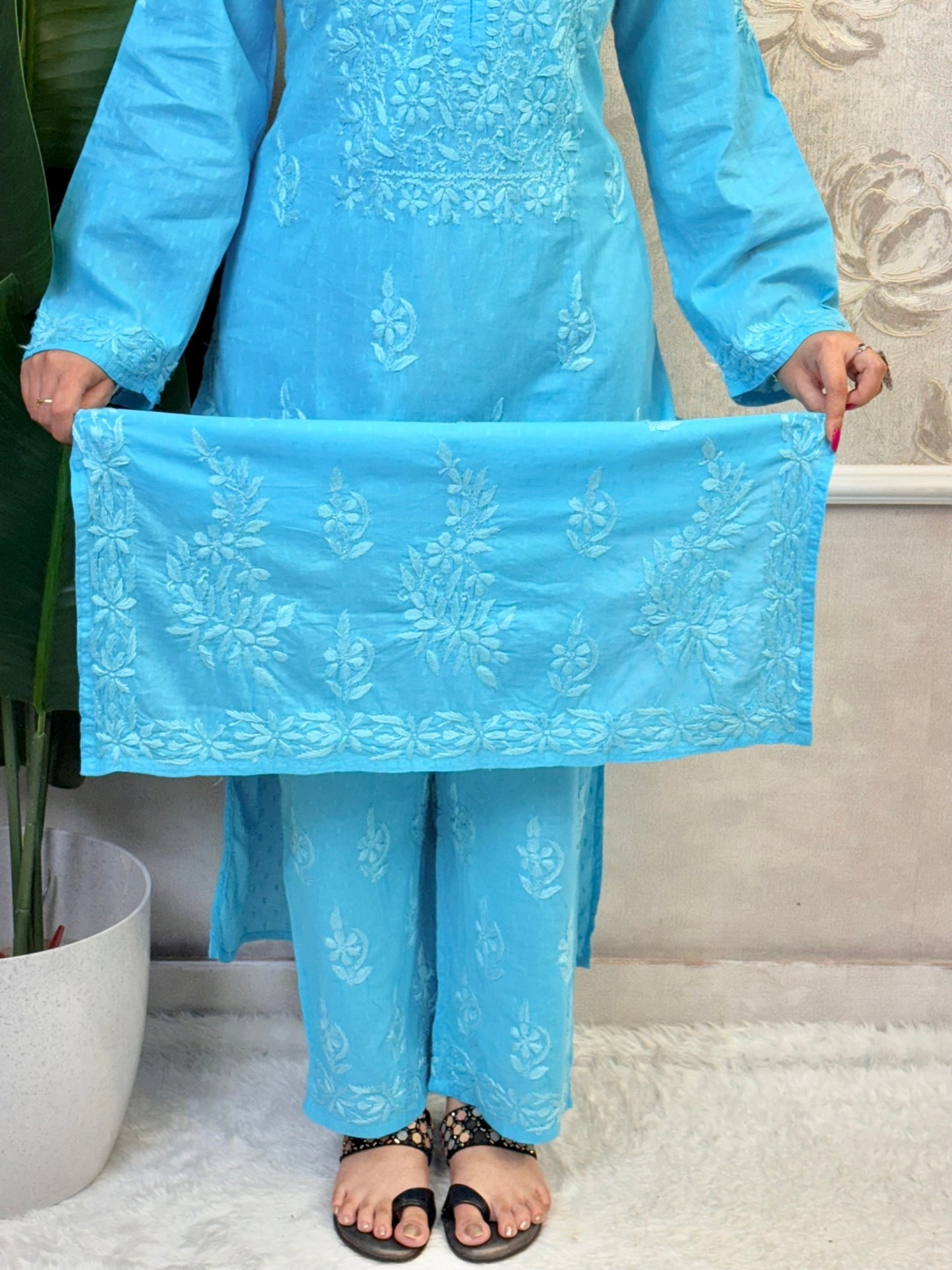 Sky blue dobby cotton kurta and palazzo set with tone-on-tone hand-embroidered Lucknowi Chikankari – soft and breathable ethnic wear