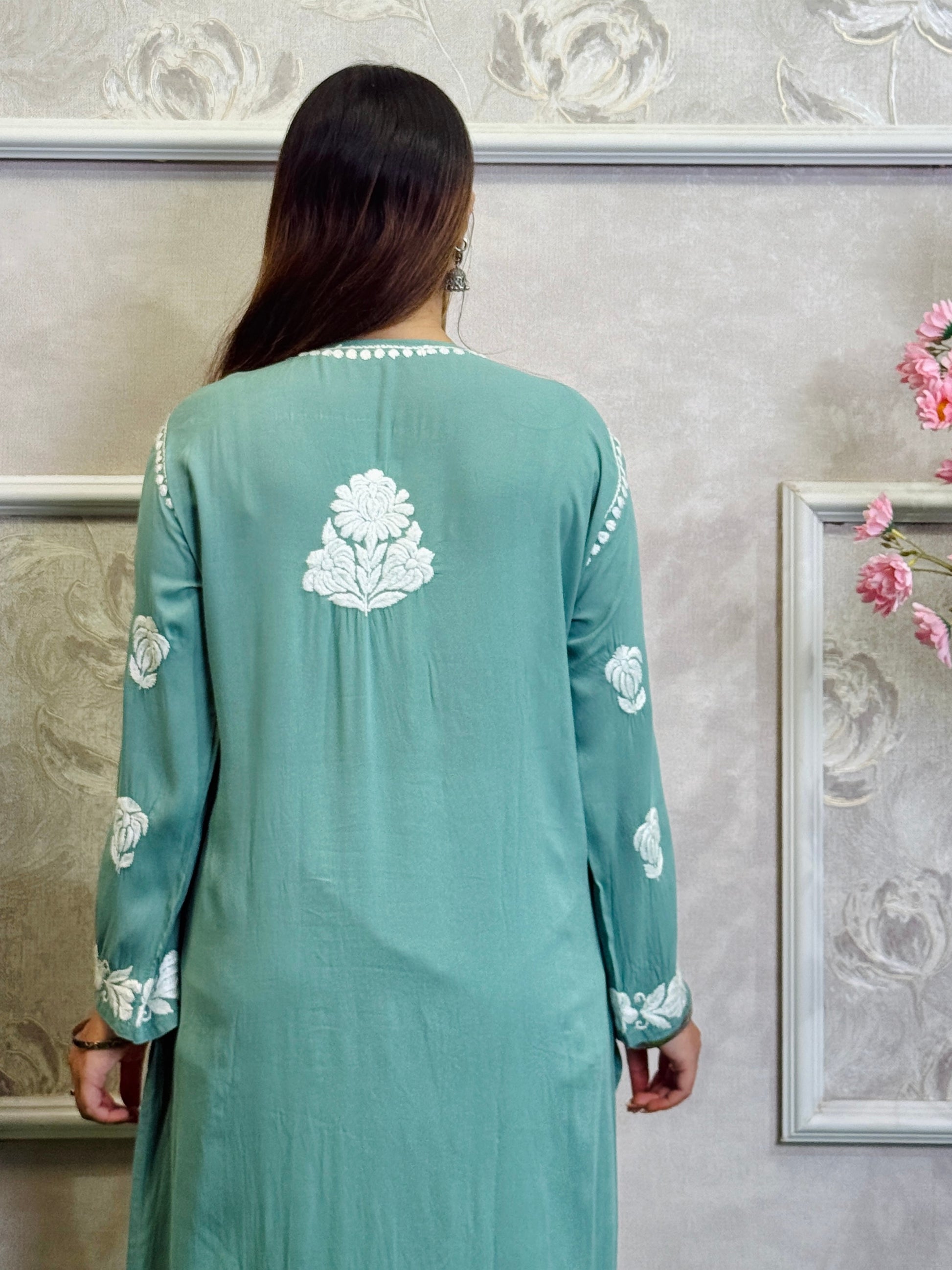 Sea Green Lucknow Chikankari modal kurta with white hand embroidery – RS Chikankari