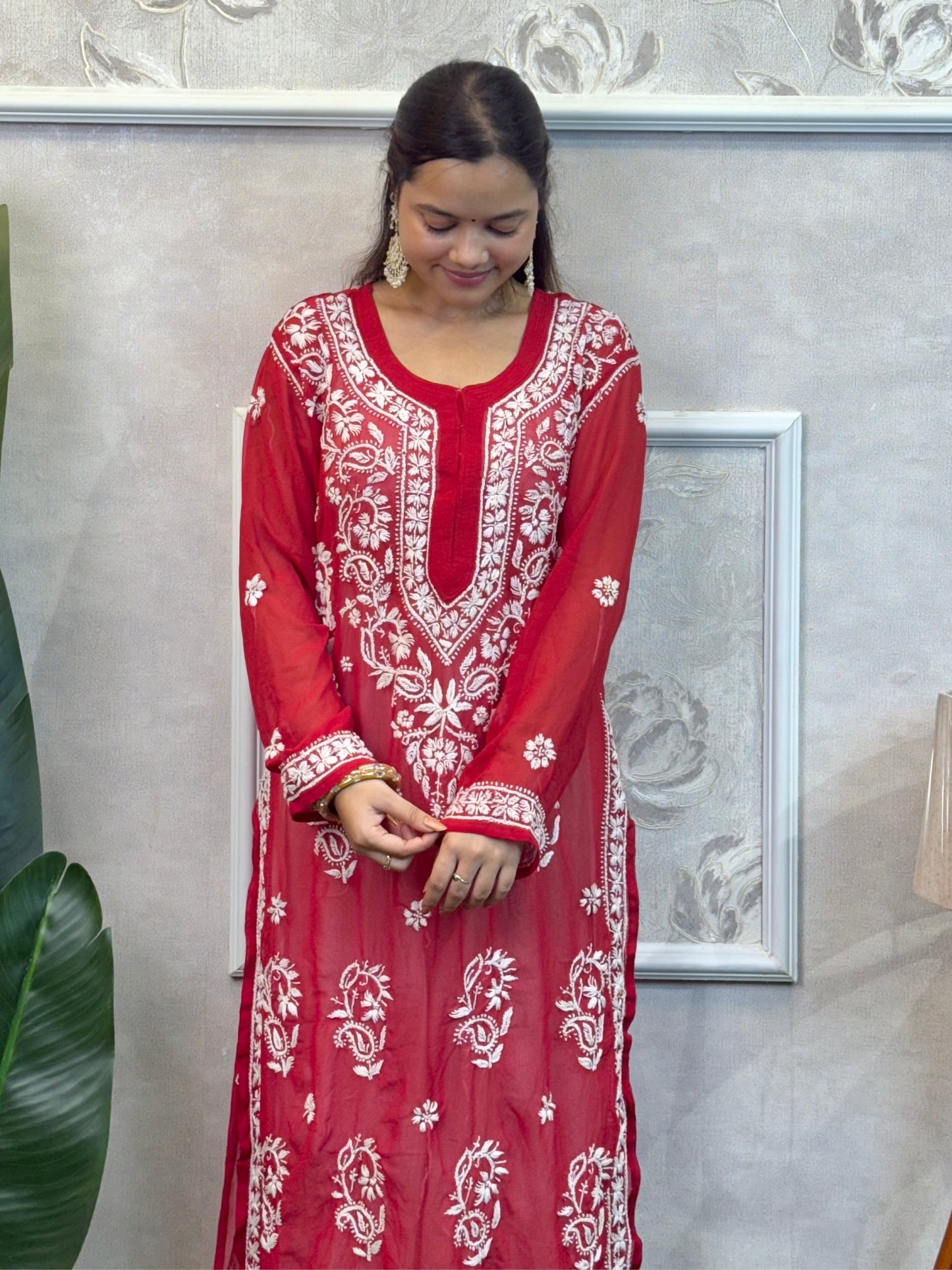 Red georgette Lucknow Chikankari kurta with hand embroidery, casual wear