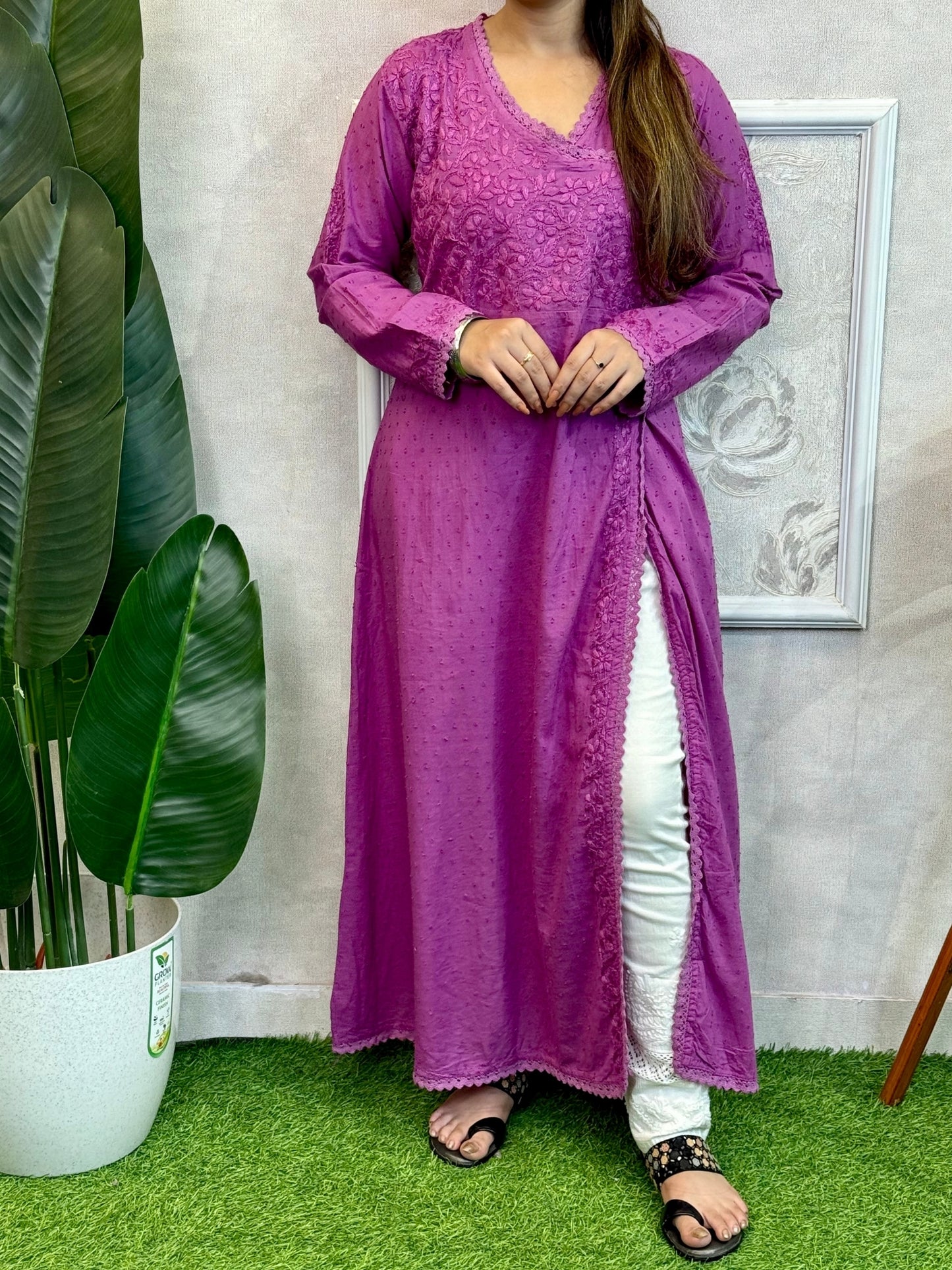 Lavender Dobby Cotton Lucknow Chikankari Angrakha Kurta with hand embroidery – soft and comfortable