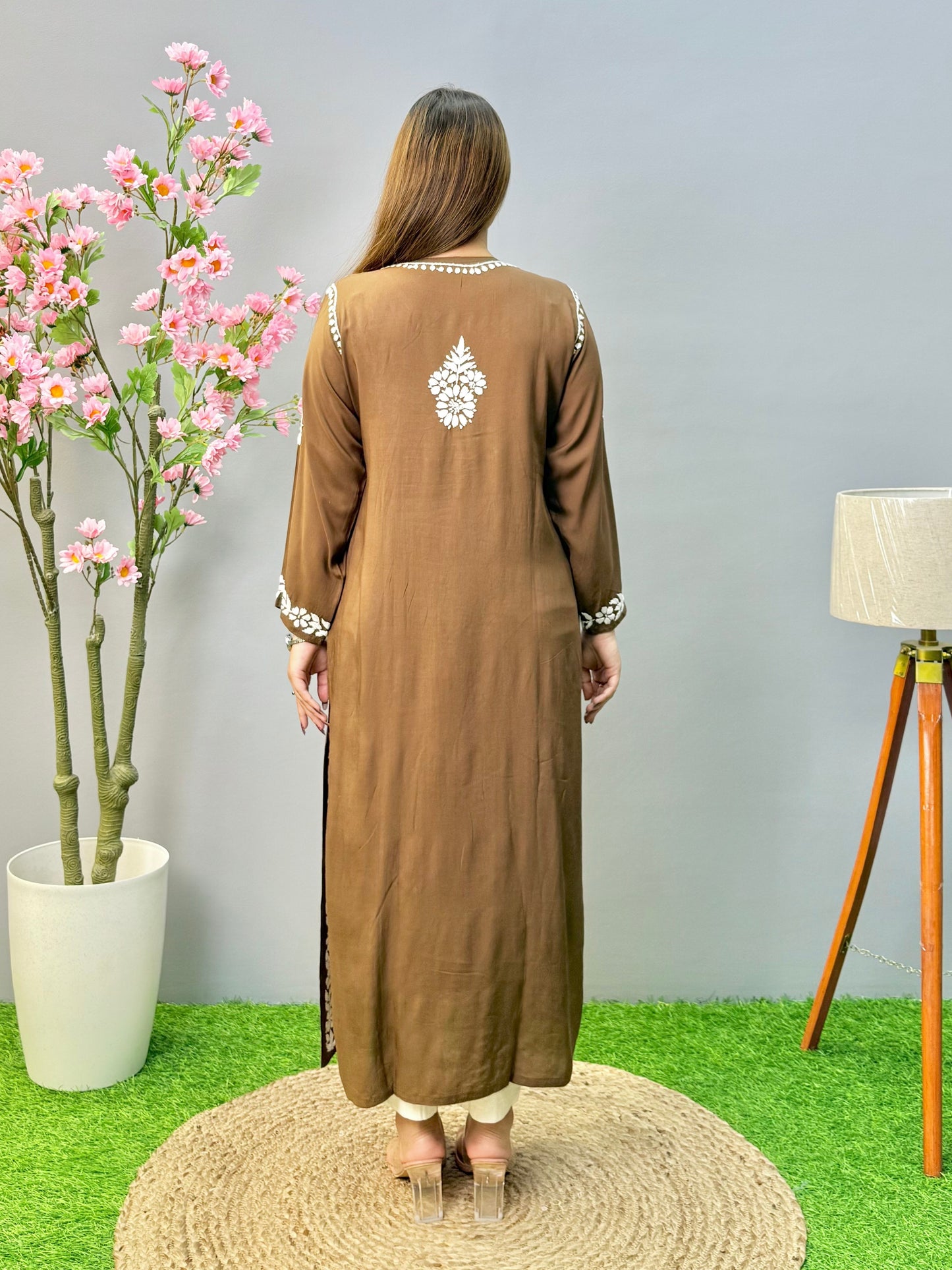 Chocolate brown modal fabric Lucknow chikankari kurta with white floral embroidery