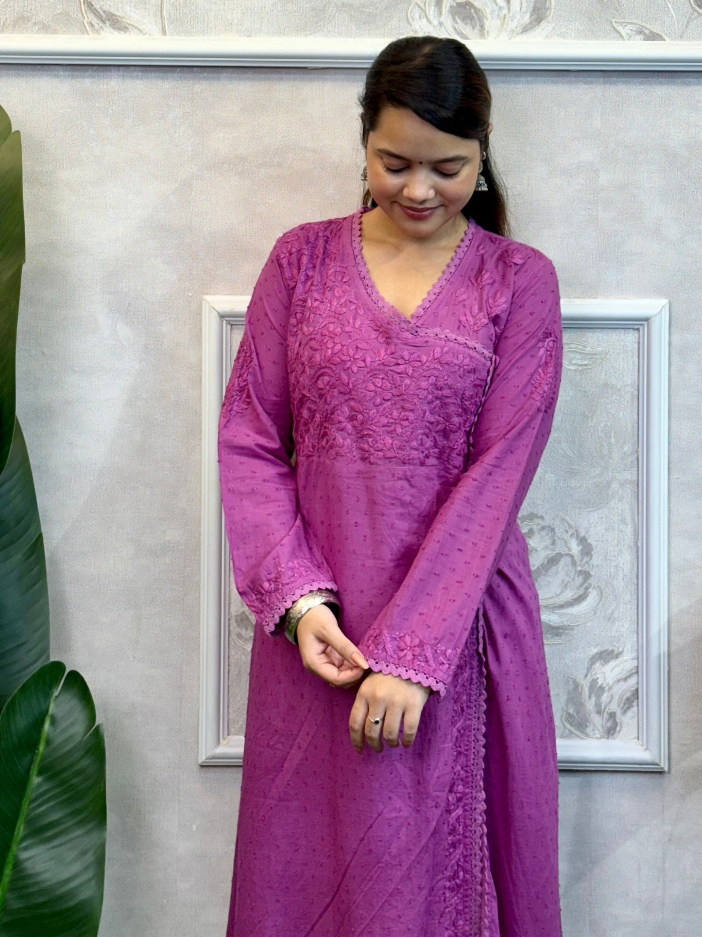 Lavender Dobby Cotton Lucknow Chikankari Angrakha Kurta with hand embroidery – soft and comfortable