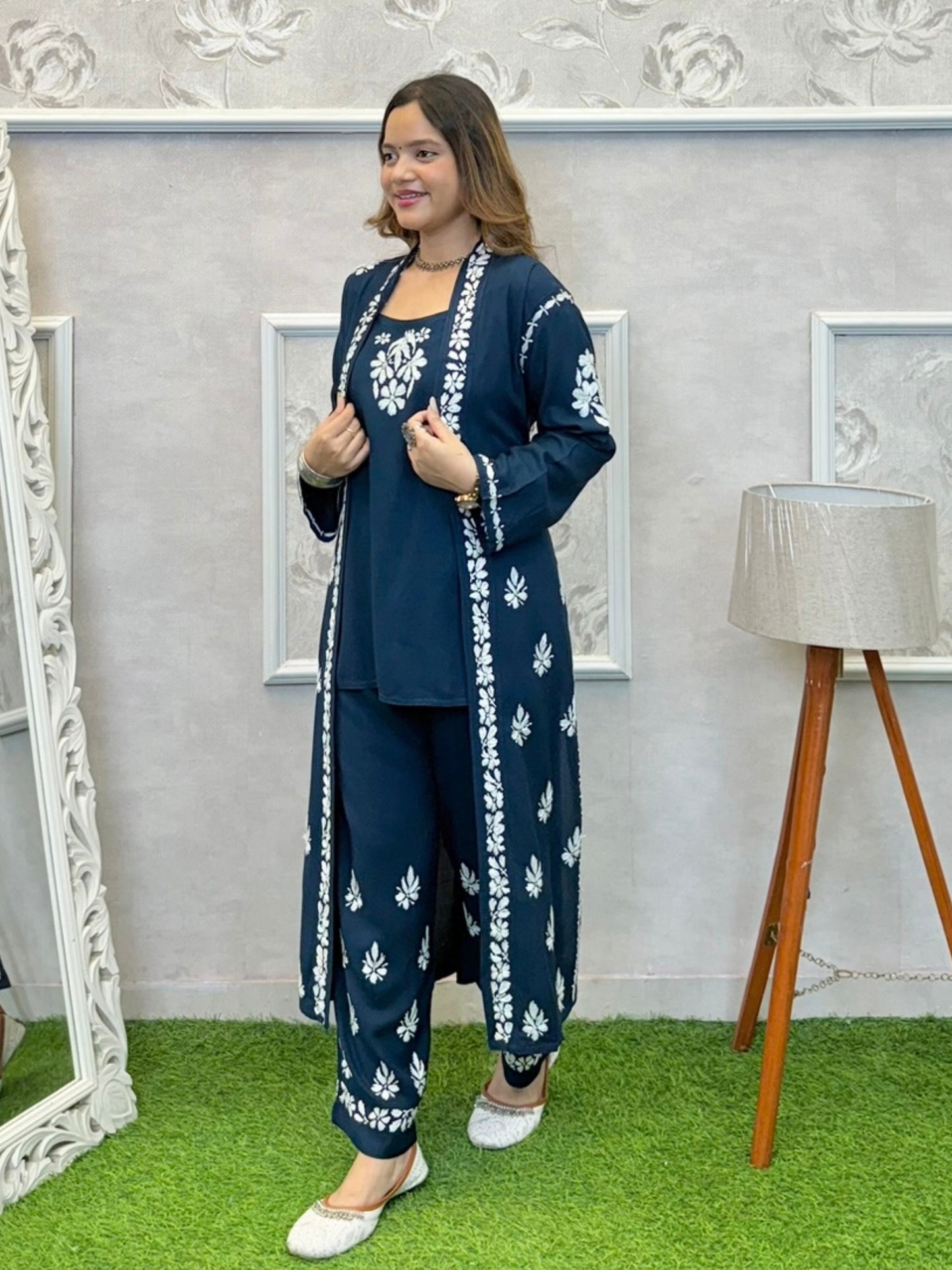 Navy blue Lucknowi Chikankari rayon 3-piece set with sleeveless kurta, pants, and embroidered shrug
