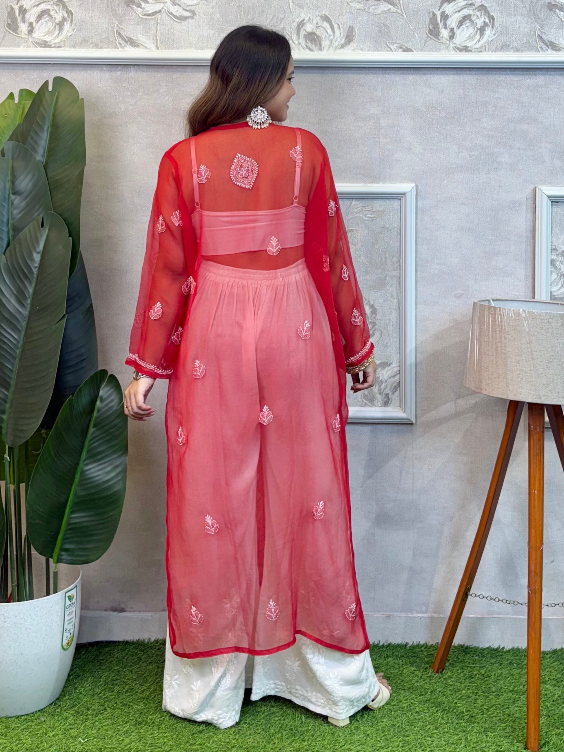 Red transparent georgette Lucknow chikankari kurta with hand embroidery – casual wear.
