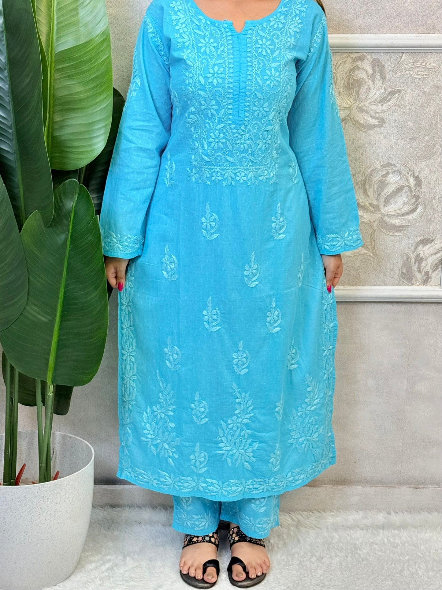 Sky blue dobby cotton kurta and palazzo set with tone-on-tone hand-embroidered Lucknowi Chikankari – soft and breathable ethnic wear
