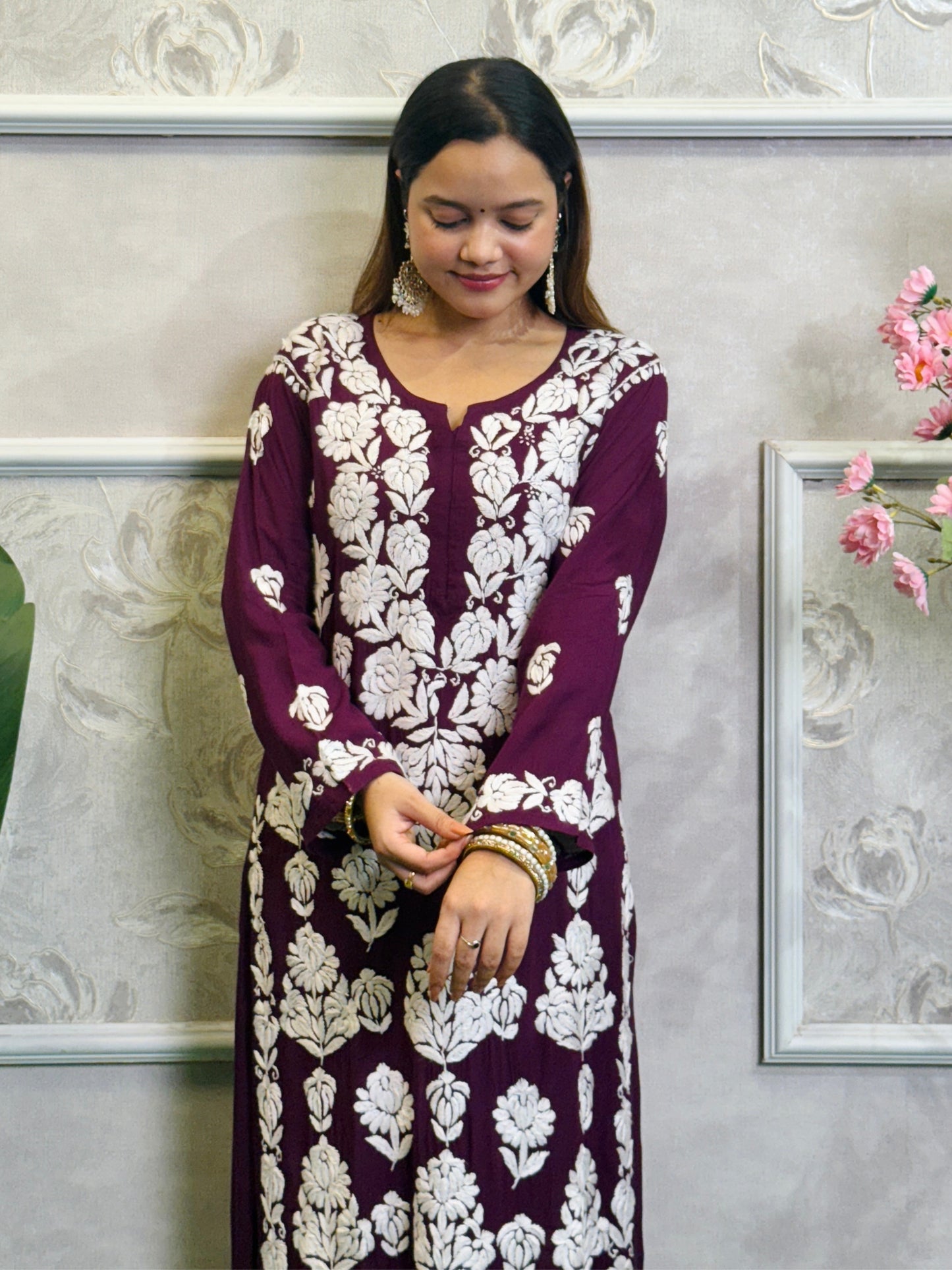Wine color modal fabric Lucknow Chikankari hand-embroidered long kurta for women