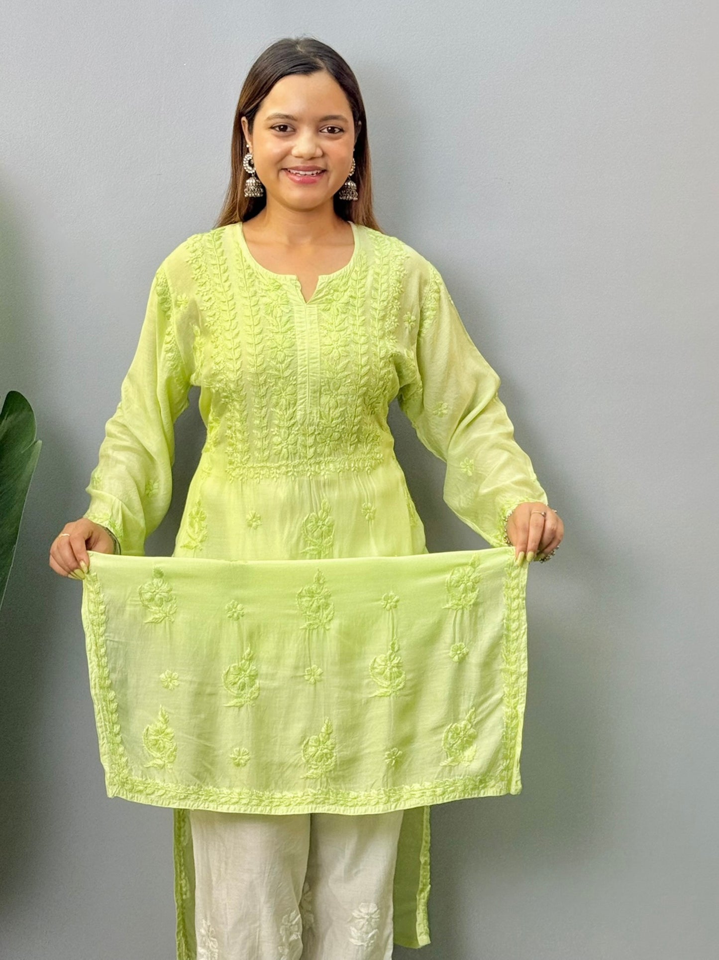 Lime green muslin Lucknow Chikankari kurta with hand embroidery for women