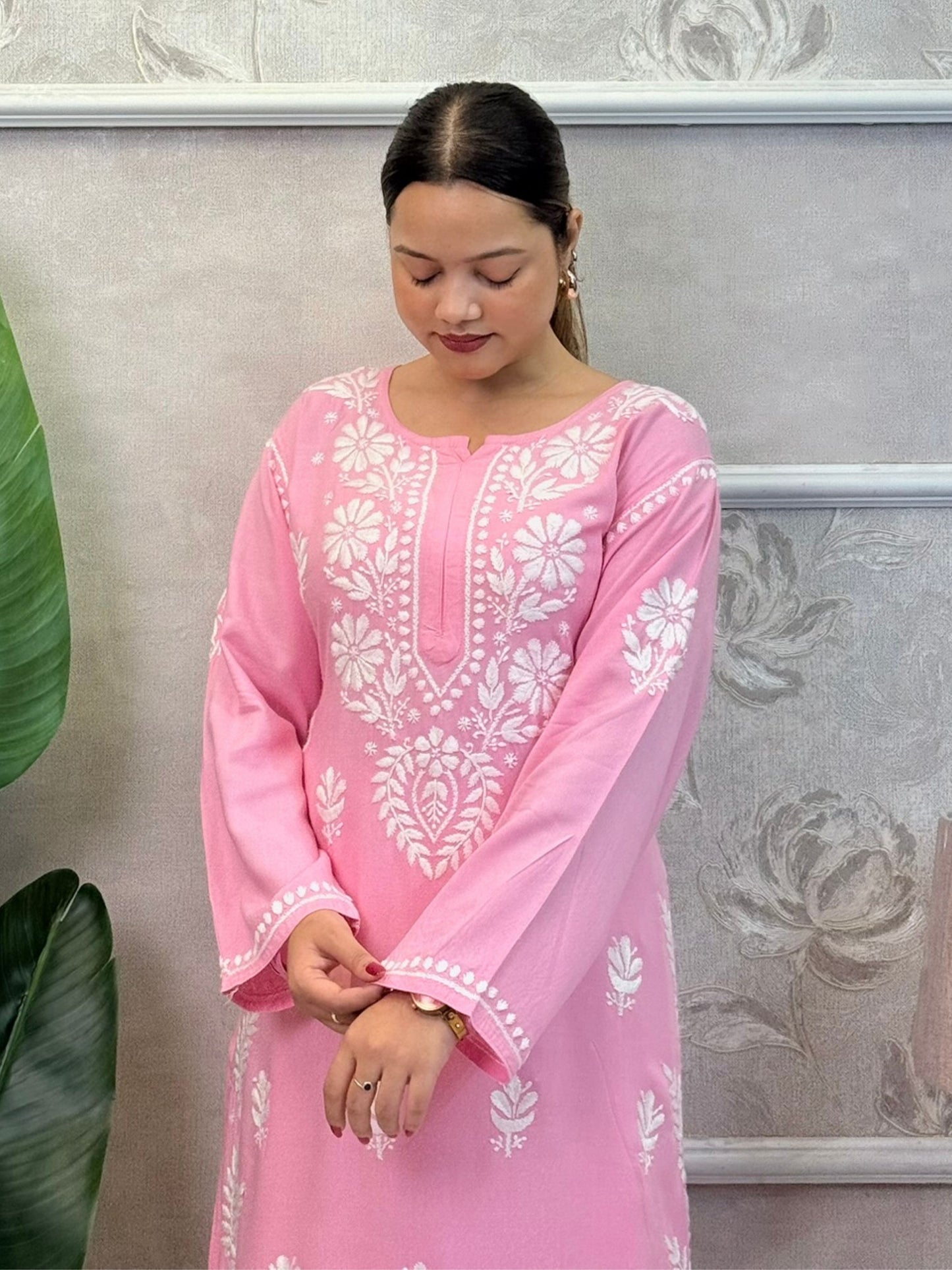 Pink rayon chikankari kurta and Afghani pant set with white hand embroidery – soft and comfortable