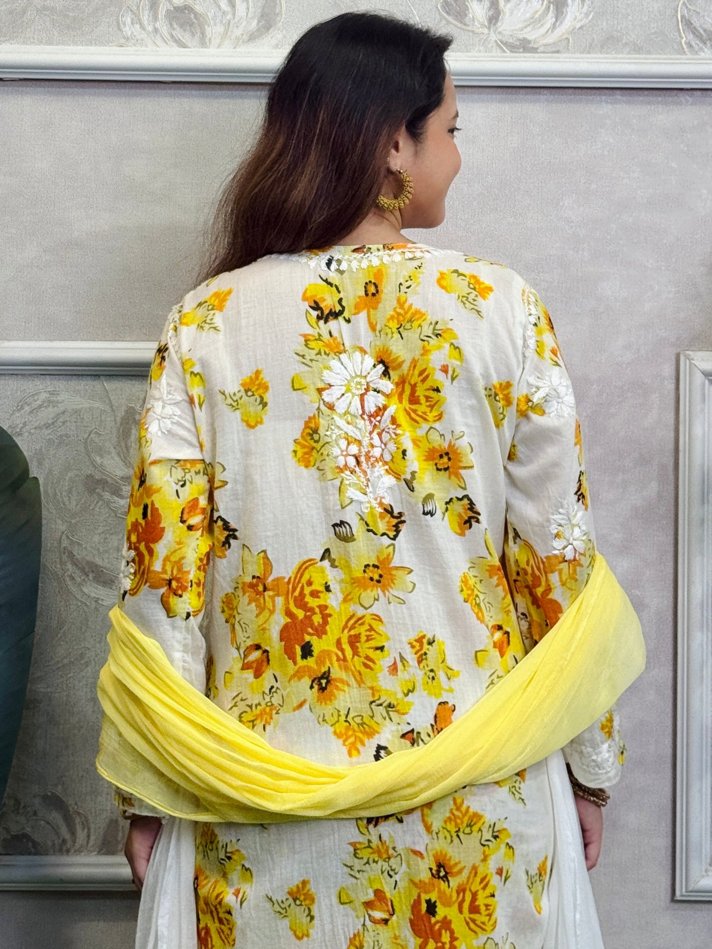 Lucknow Chikankari yellow floral printed mulmul kurta palazzo set with chiffon dupatta and hand embroidery