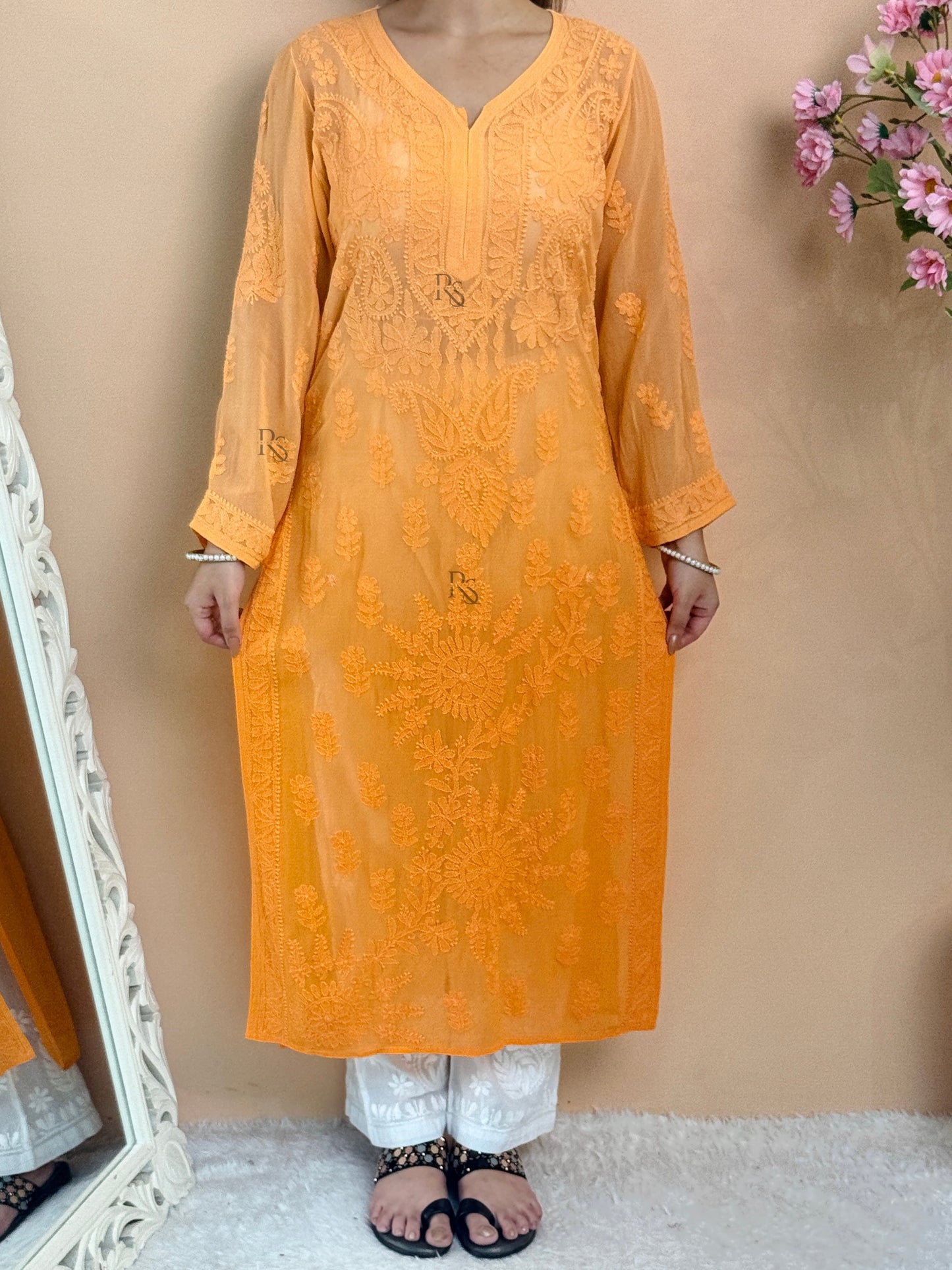 Orange Lucknow chikankari viscose kurta with hand embroidery in transy fabric