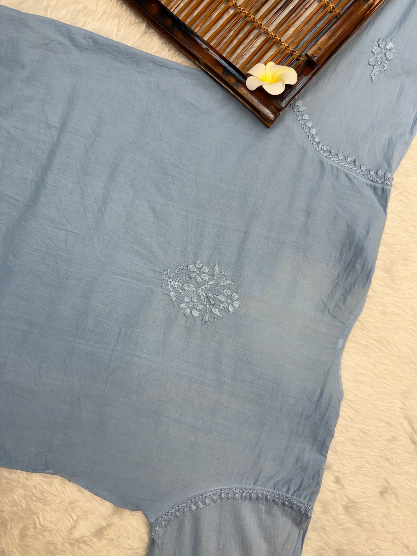 Lucknow Chikankari Greyish Blue Cotton Short Kurta with Pant