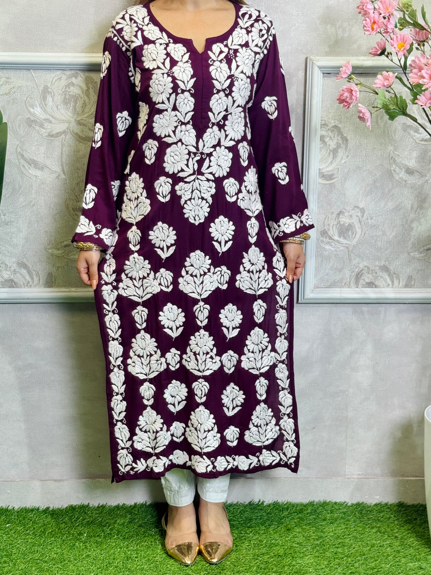 Wine color modal fabric Lucknow Chikankari hand-embroidered long kurta for women