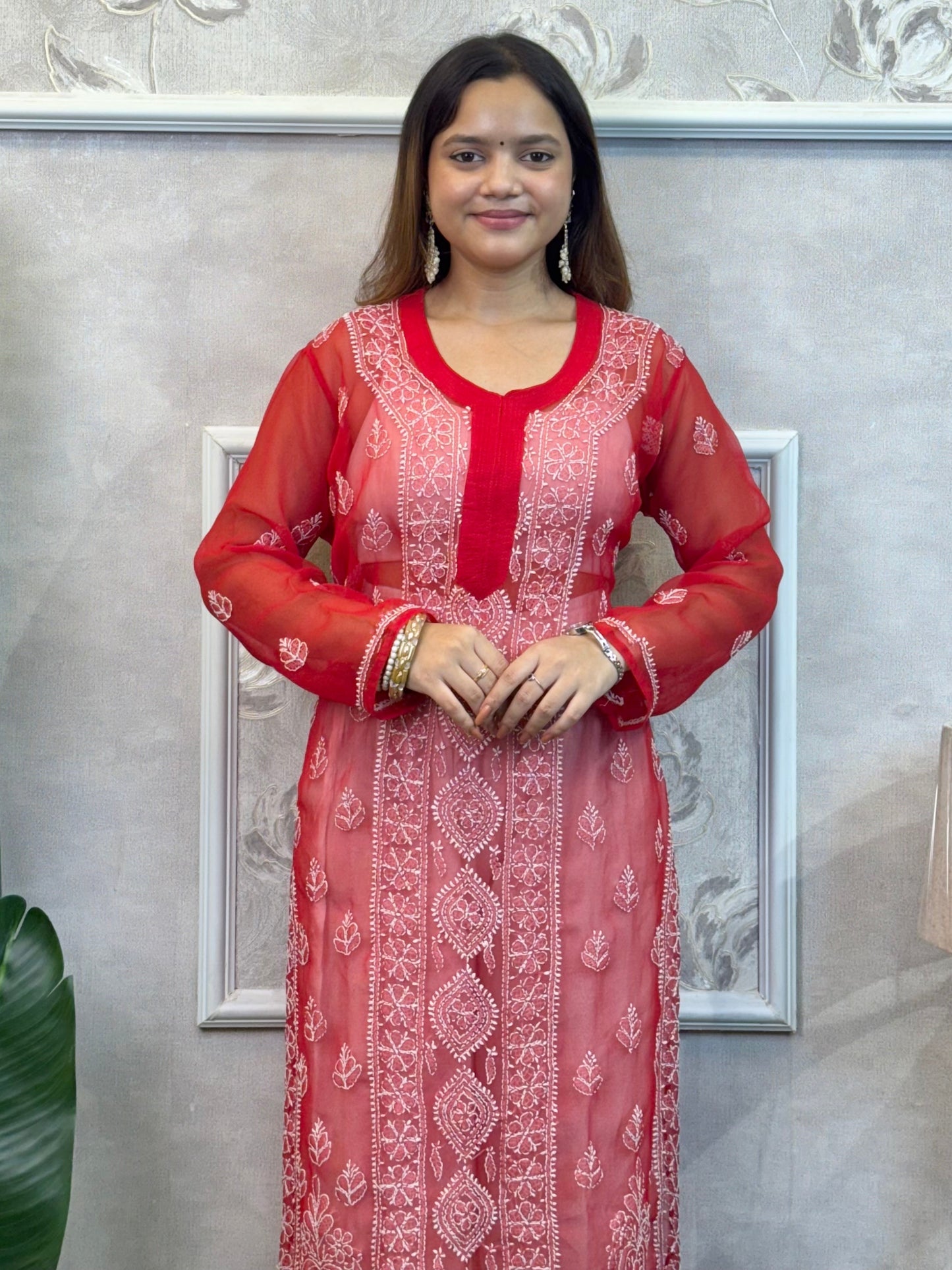 Red transparent georgette Lucknow chikankari kurta with hand embroidery – casual wear.