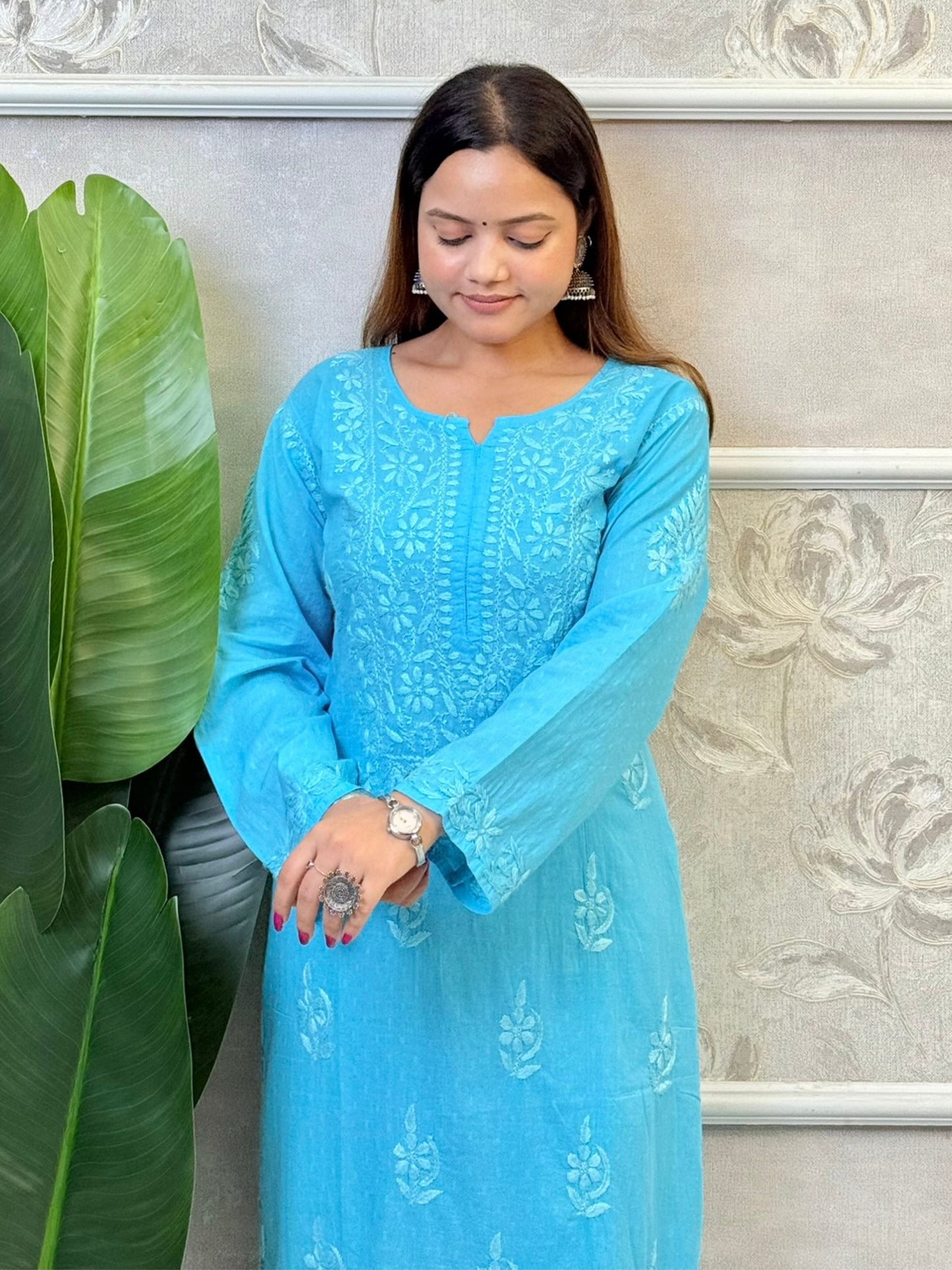 Sky blue dobby cotton kurta and palazzo set with tone-on-tone hand-embroidered Lucknowi Chikankari – soft and breathable ethnic wear