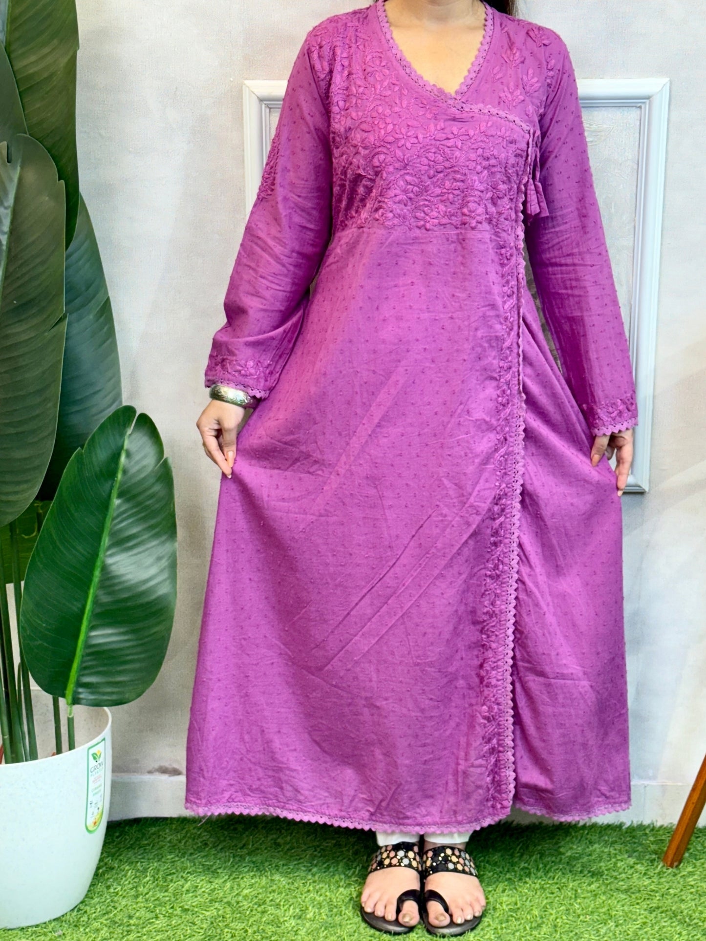 Lavender Dobby Cotton Lucknow Chikankari Angrakha Kurta with hand embroidery – soft and comfortable
