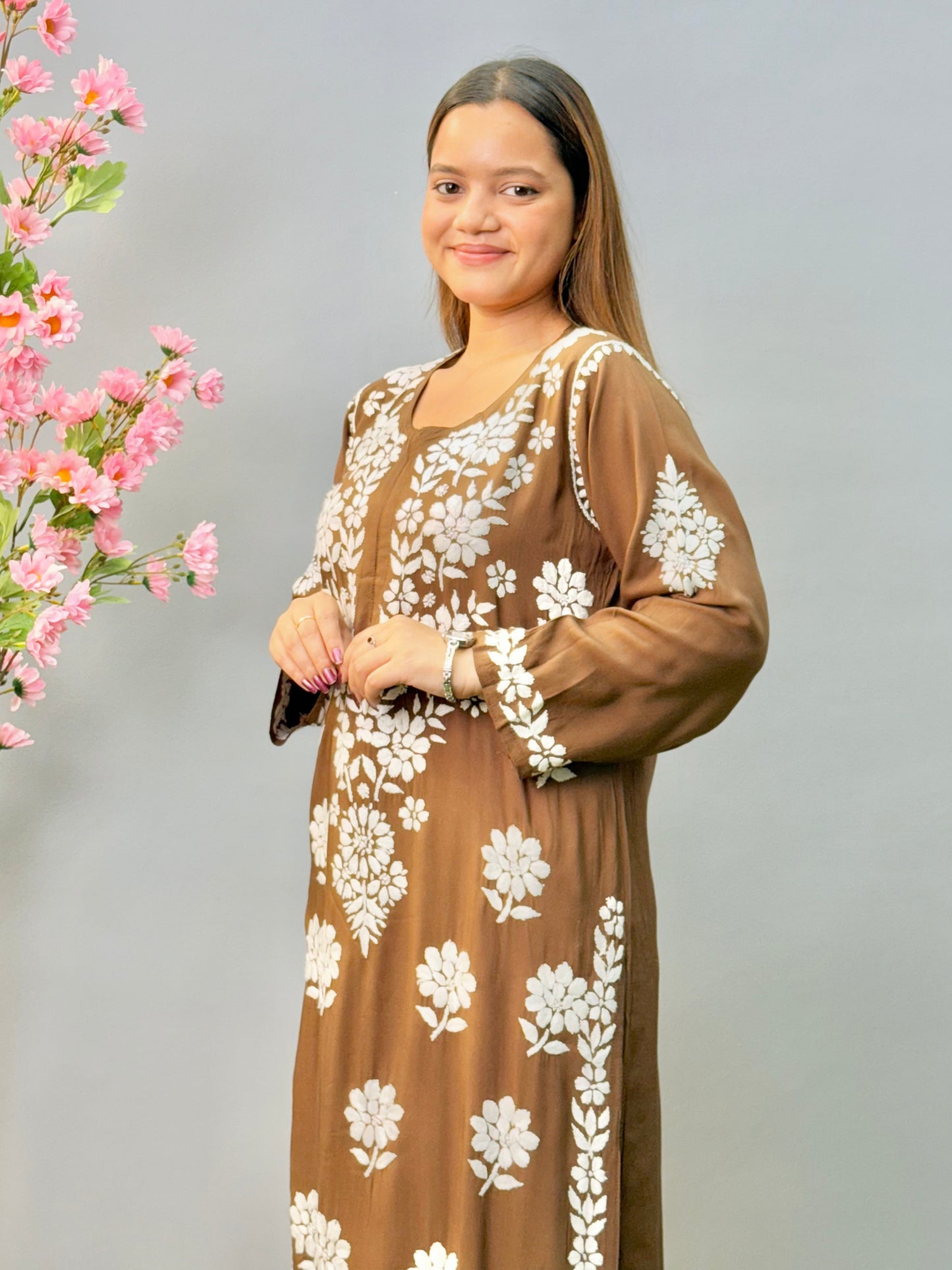 Chocolate brown modal fabric Lucknow chikankari kurta with white floral embroidery