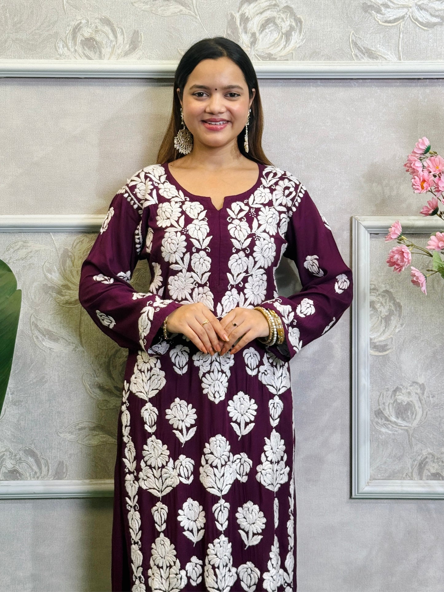 Wine color modal fabric Lucknow Chikankari hand-embroidered long kurta for women
