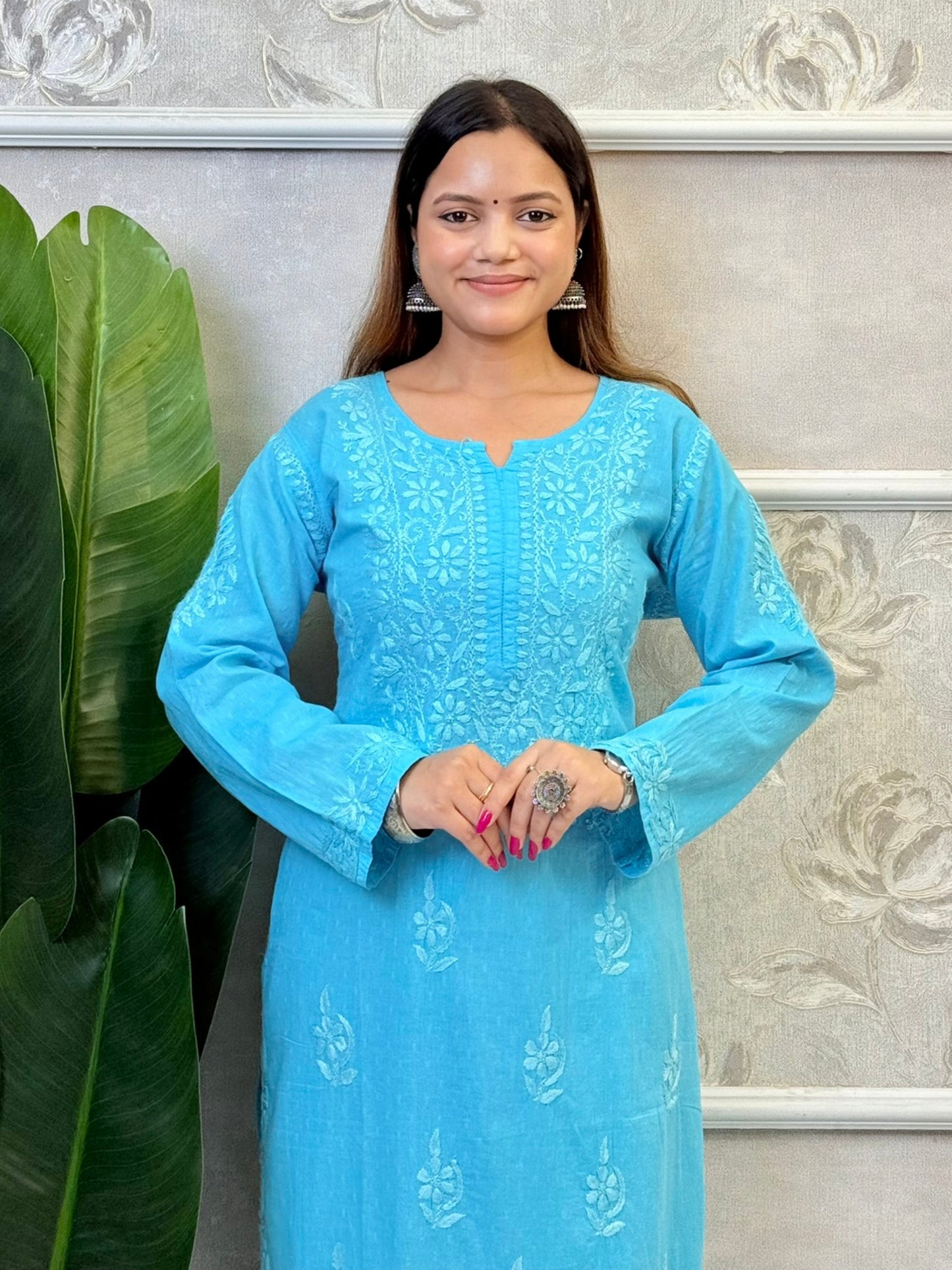 Sky blue dobby cotton kurta and palazzo set with tone-on-tone hand-embroidered Lucknowi Chikankari – soft and breathable ethnic wear