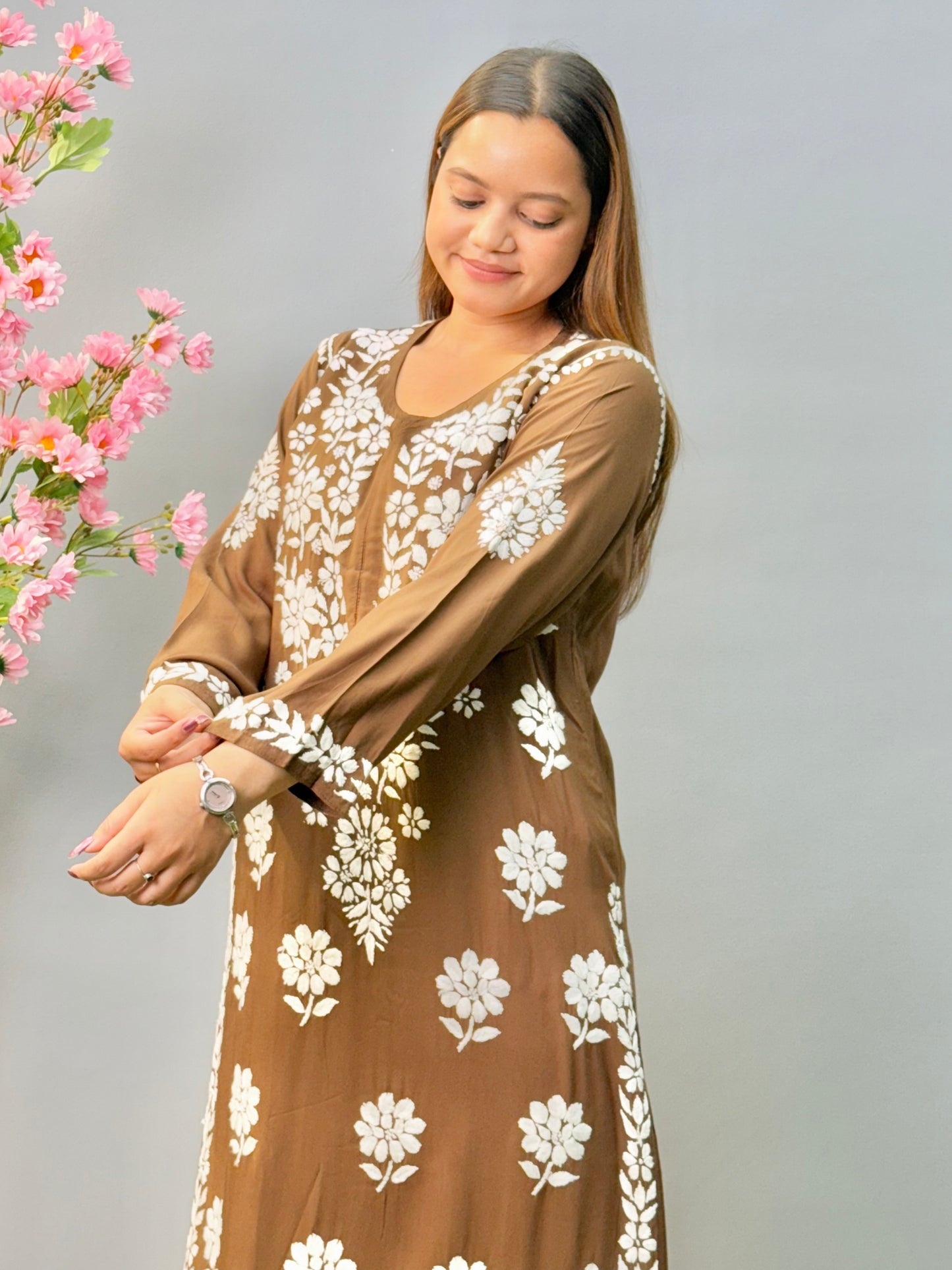 Chocolate brown modal fabric Lucknow chikankari kurta with white floral embroidery