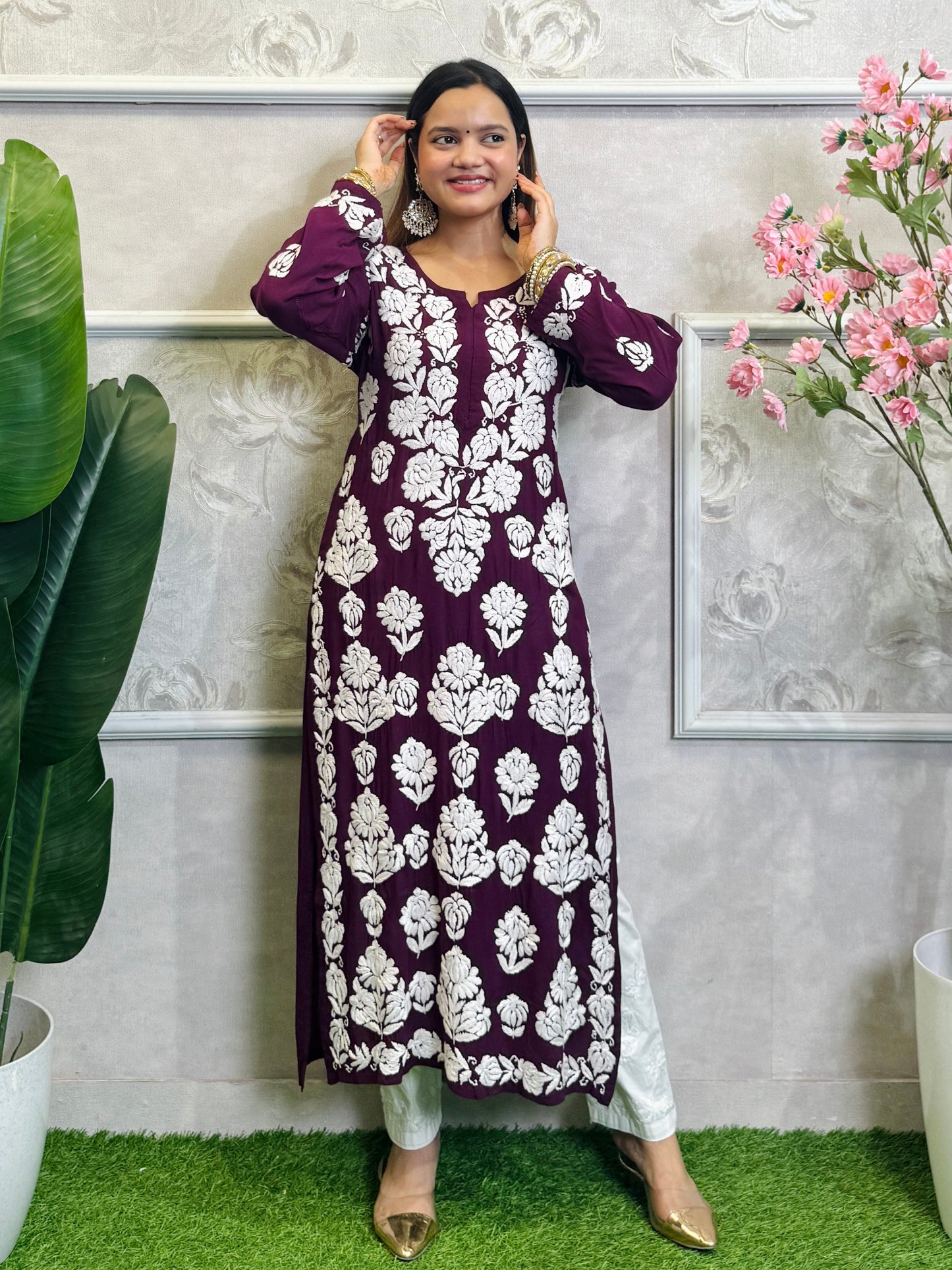 Wine color modal fabric Lucknow Chikankari hand-embroidered long kurta for women