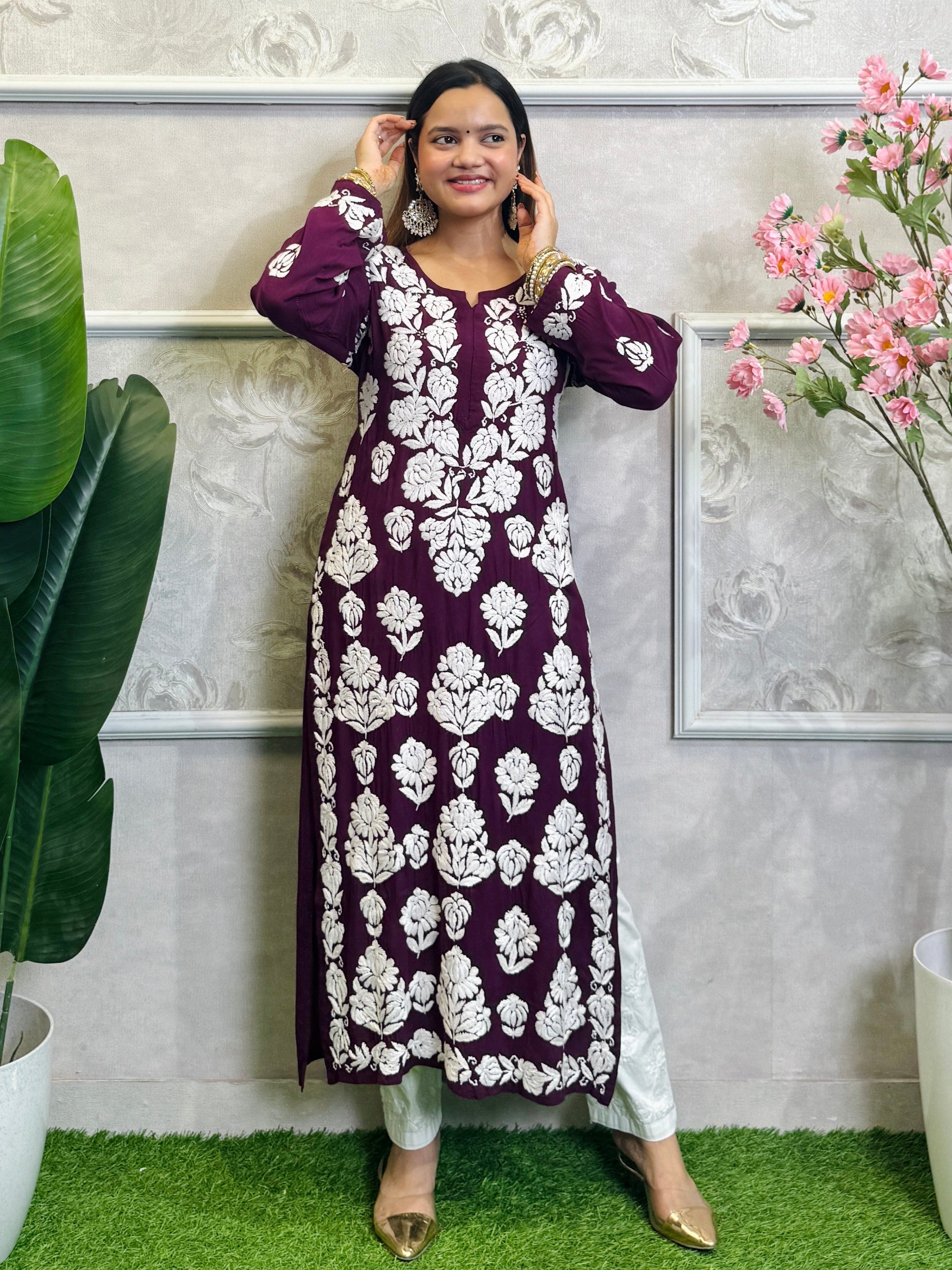 Wine color modal fabric Lucknow Chikankari hand-embroidered long kurta for women