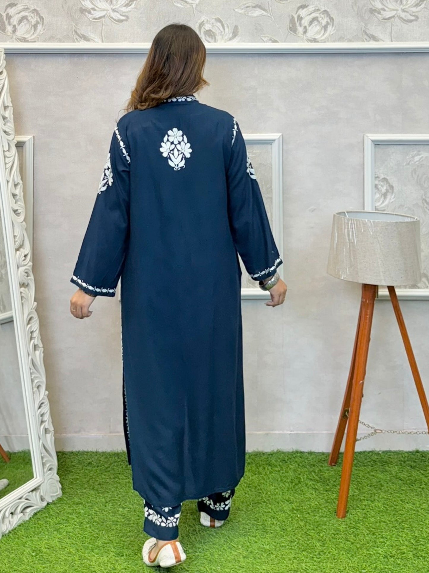 Navy blue Lucknowi Chikankari rayon 3-piece set with sleeveless kurta, pants, and embroidered shrug