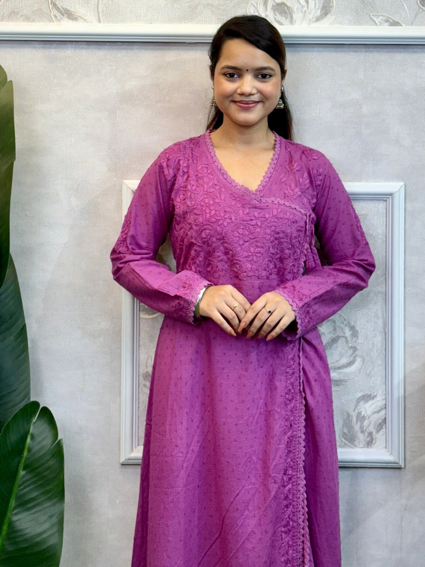 Lavender Dobby Cotton Lucknow Chikankari Angrakha Kurta with hand embroidery – soft and comfortable